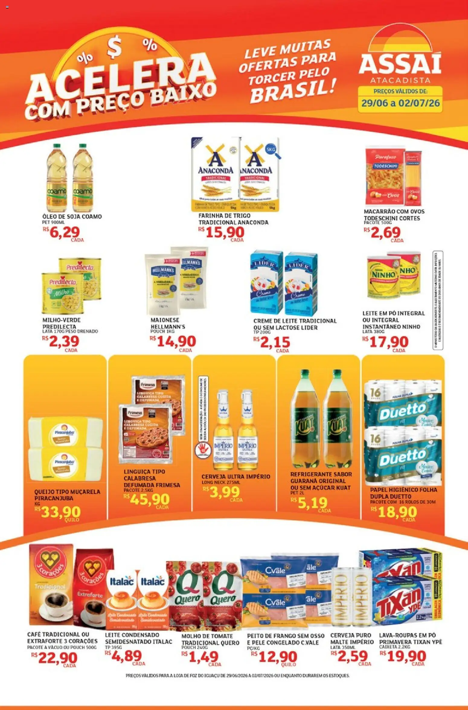 Assaí Atacadista Folheto - válido de 29/06/2026 | Página: 1 | Produtos: Queijo, Cerveja, Macarrão, Baixo