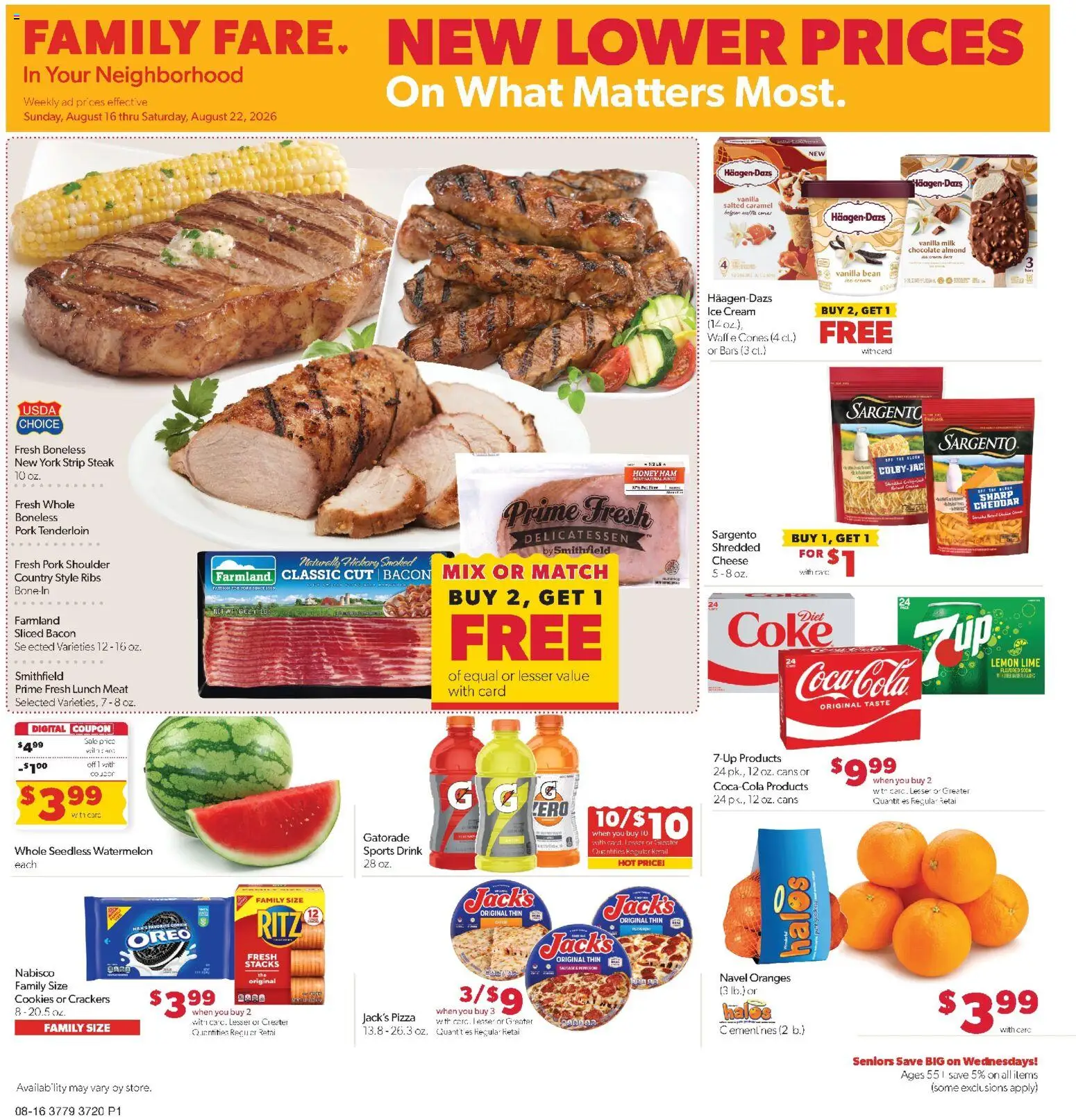 Family Fare Weekly Ad - IA - valid from 08/16/2026 | Page: 1 | Products: Pork shoulder, Meat, Chocolate, Watermelon