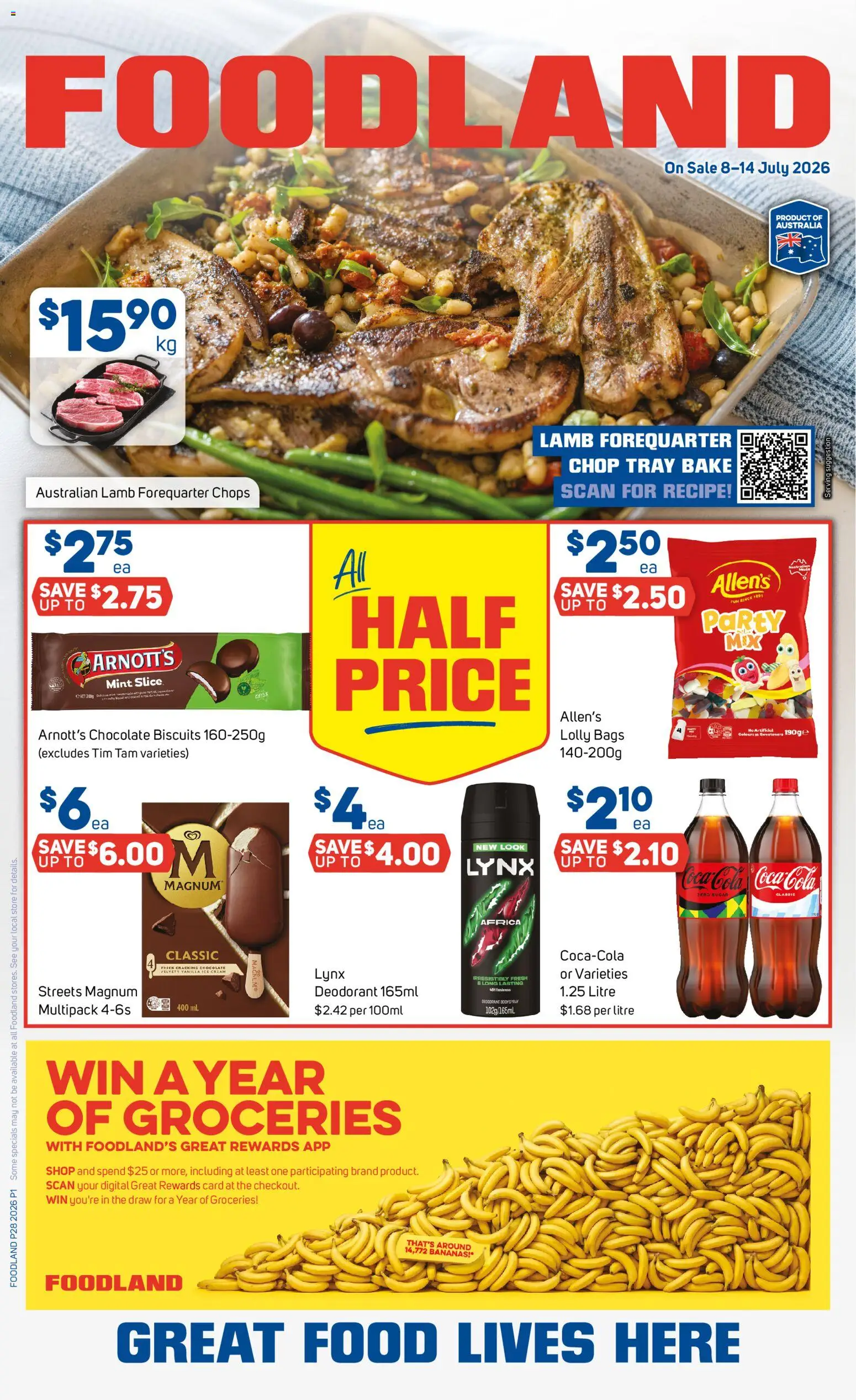 Foodland catalogue - valid from 08/07/2026 | Page: 1 | Products: Chocolate, Deodorant, Coca Cola, Biscuits
