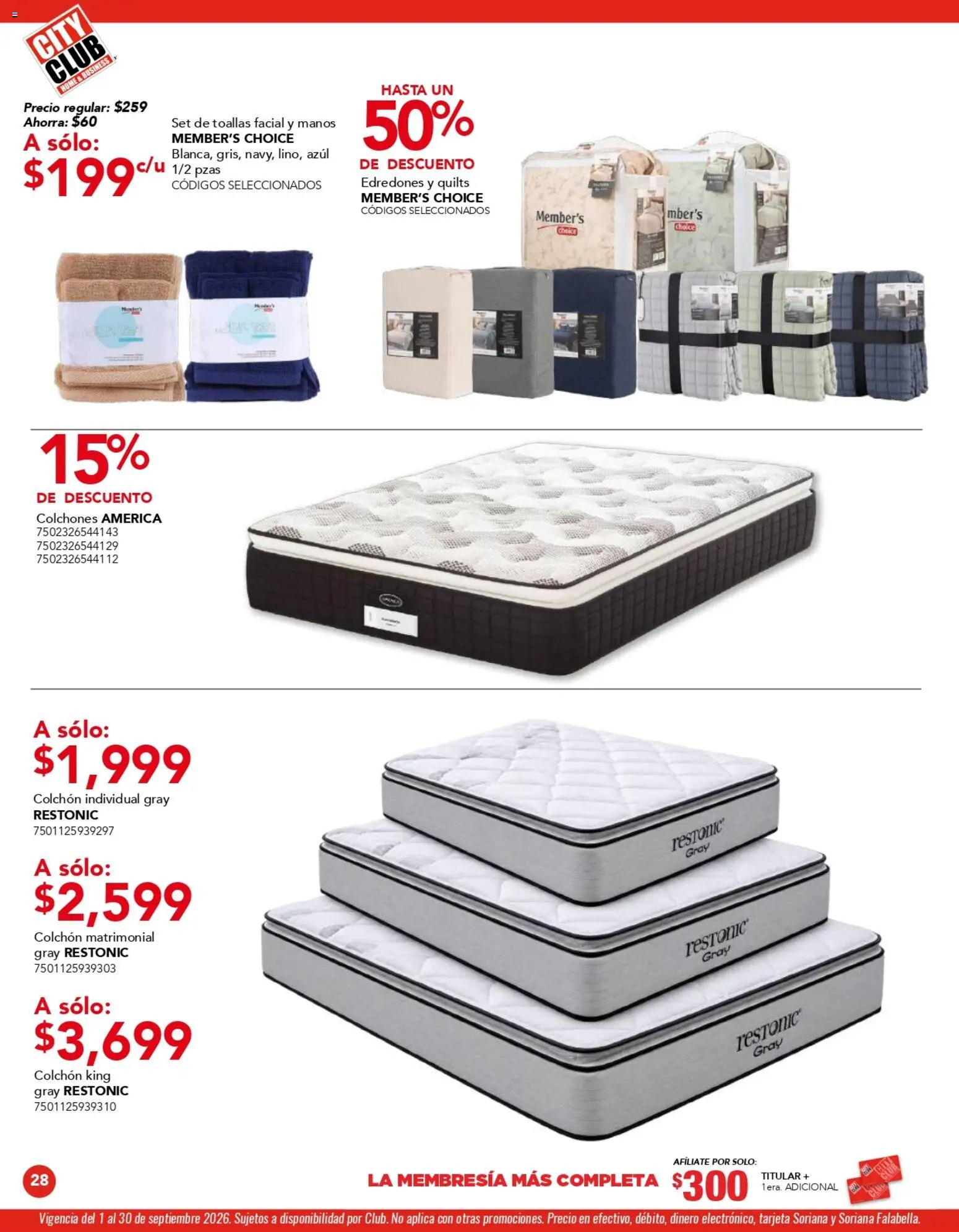 Nuevas ofertas de City Club válidas en toda la República Mexicana desde el 01/09/2026. ¡Encuentra las mejores ofertas en City Club catálogo! | Página: 28 | Productos: Colchón, Toallas