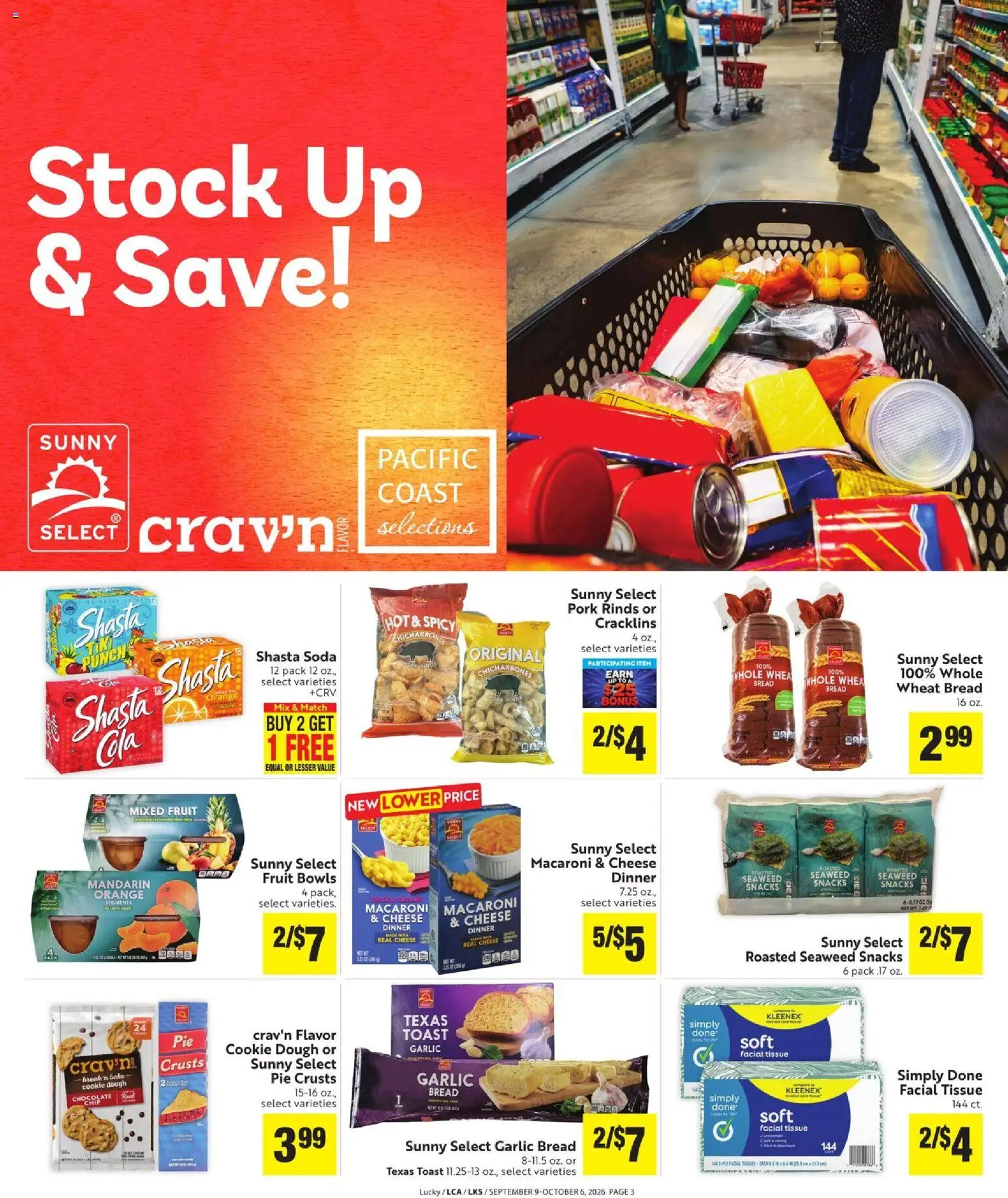 Lucky Supermarkets Ad - valid from 09/09/2026 | Page: 3 | Products: Pork, Fruit, Chocolate Chip, Dough