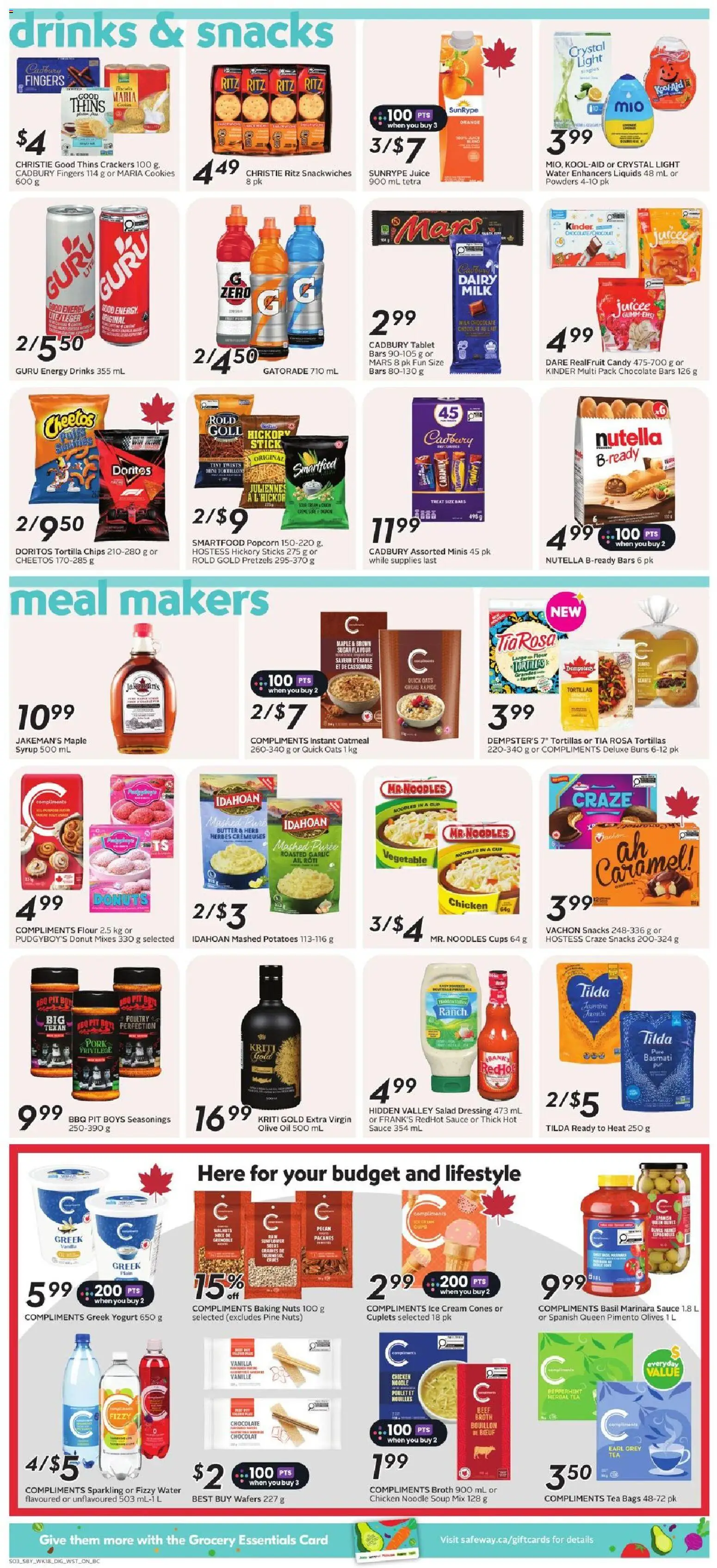 Safeway flyer valid from Aug 27, 2026 | Page: 11 | Products: Oatmeal, Tortillas, Beef broth, Snacks