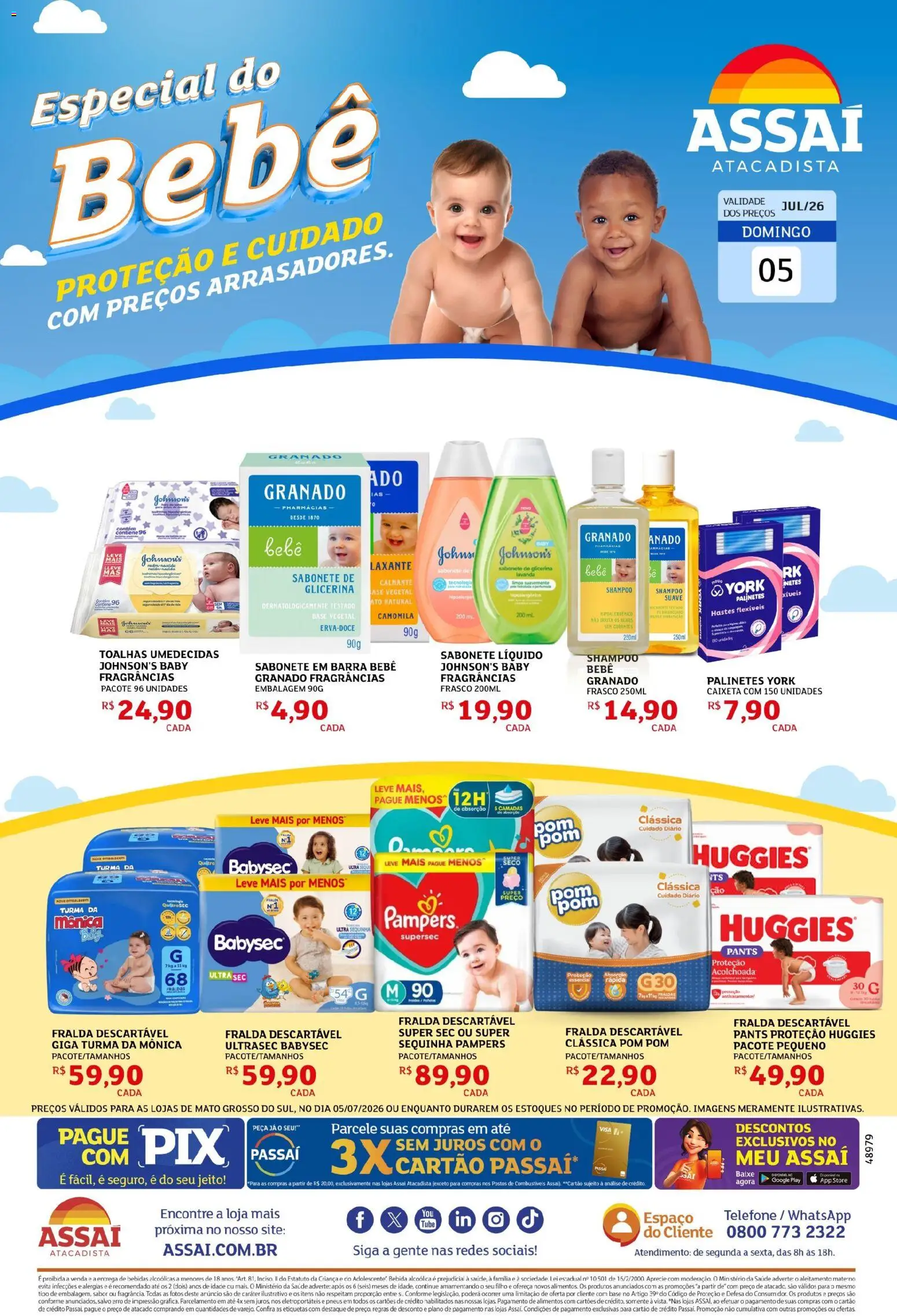 Assaí Atacadista Folheto - válido de 05/07/2026 | Página: 1 | Produtos: Pampers, Base, Telefone, Sabonete líquido