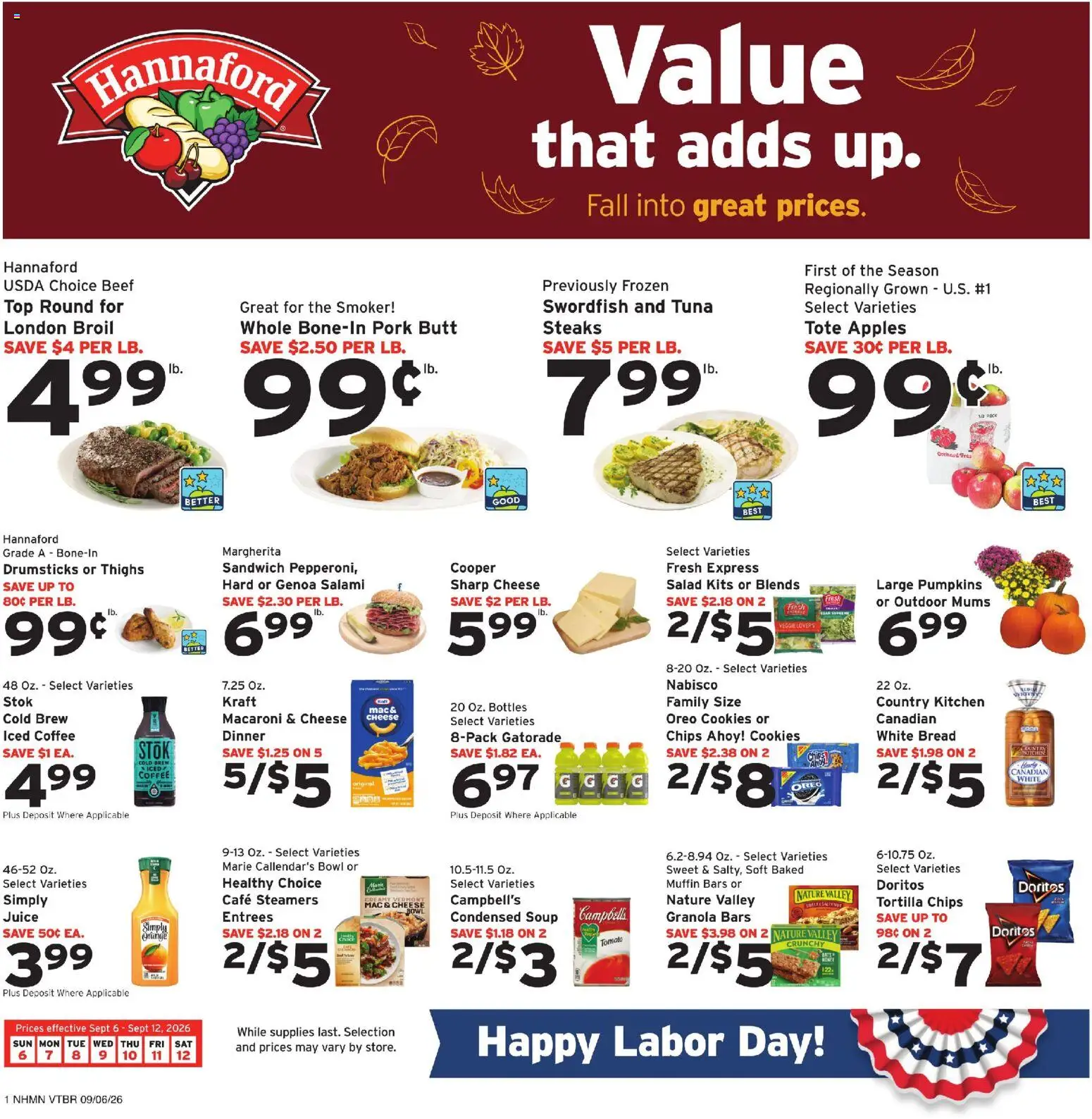 Hannaford Weekly Ad - valid from 09/06/2026 | Page: 1 | Products: Juice, Beef, Drumsticks, Muffin