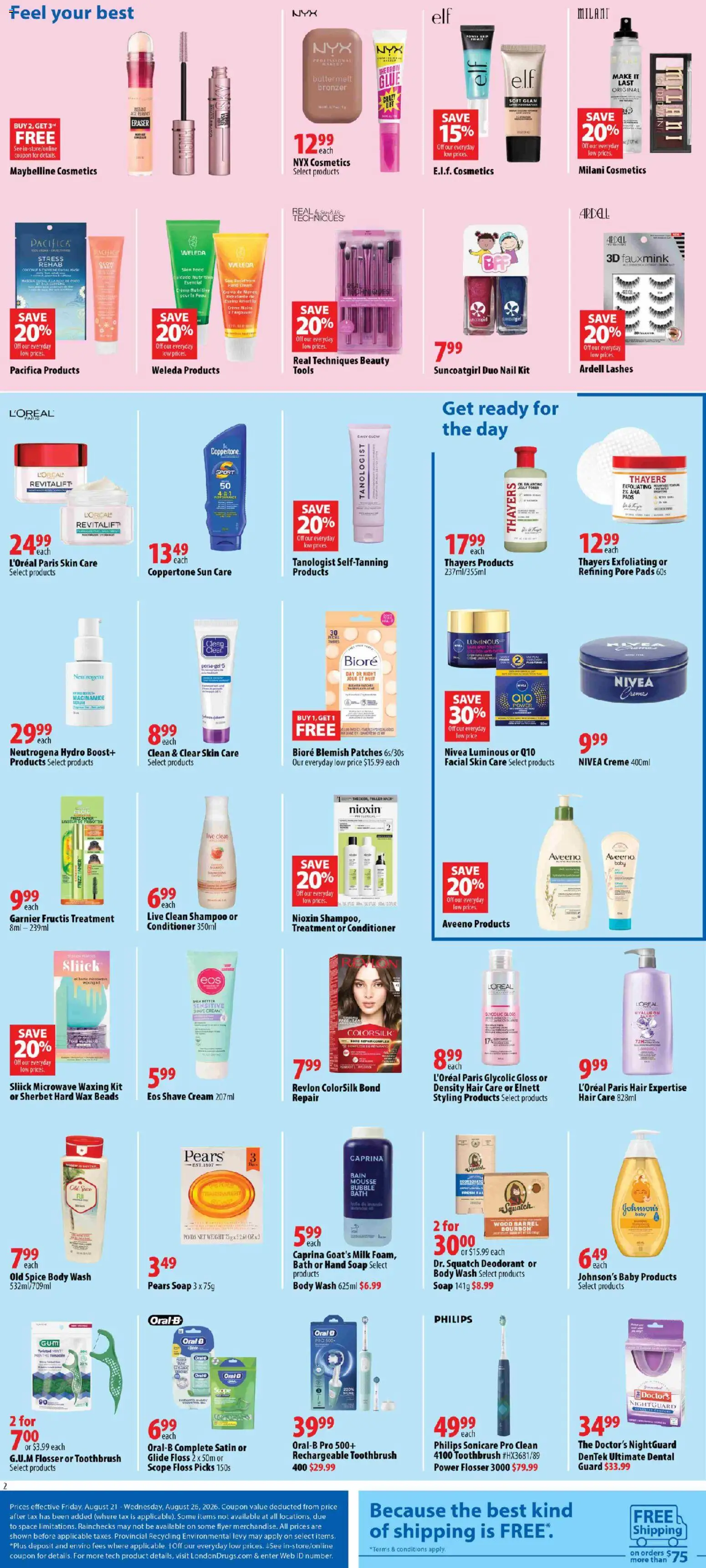 London Drugs flyer valid from Aug 21, 2026 | Page: 3 | Products: Cream, Toothbrush, Soap, Body wash