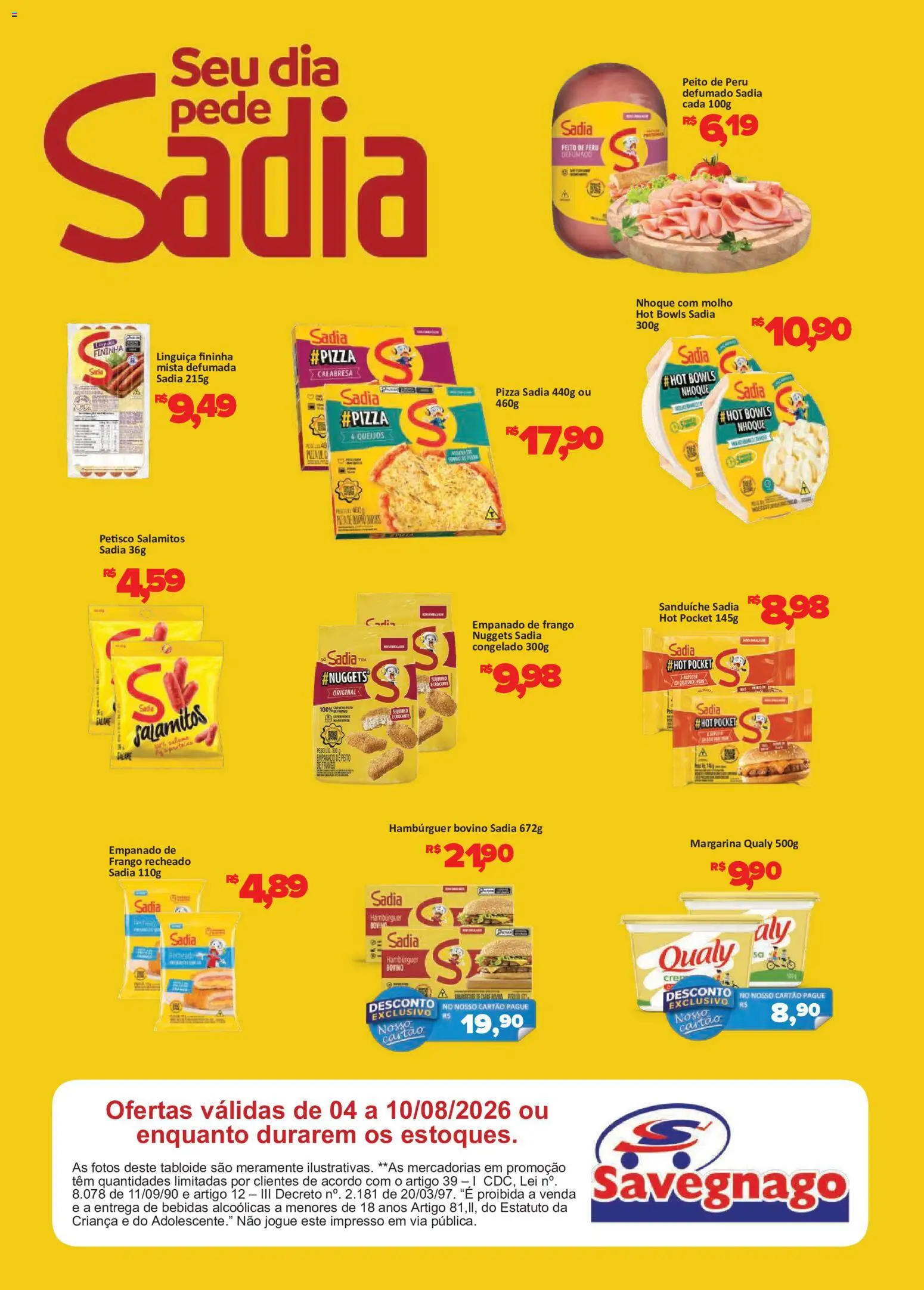 Savegnago Folheto - válido de 04/08/2026 | Página: 1 | Produtos: Linguiça, Hambúrguer, Nhoque, Peito de frango