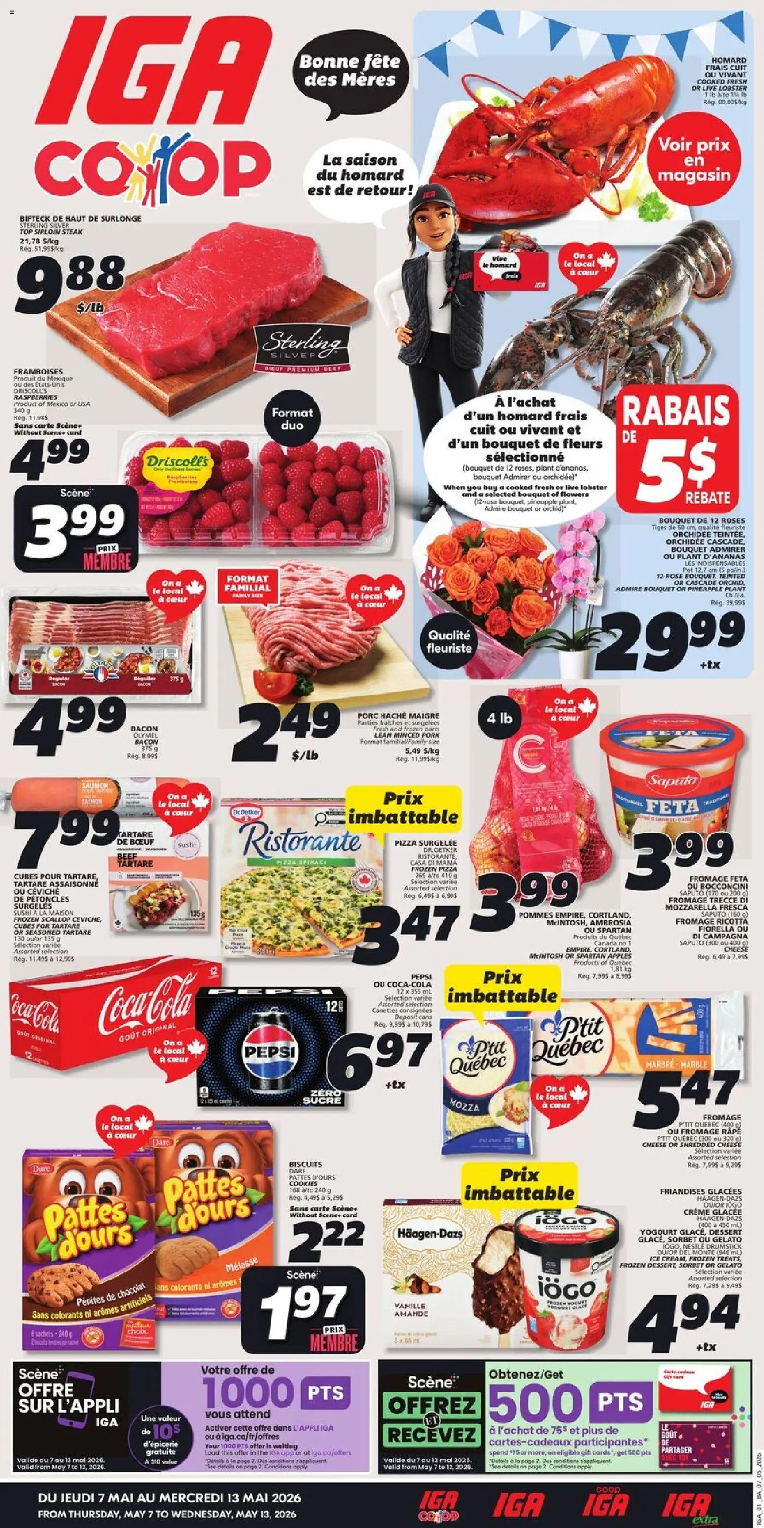 IGA flyer valid from 07.05.2026 | Page: 1 | Products: Beef, Cookies, Cheese, Pizza