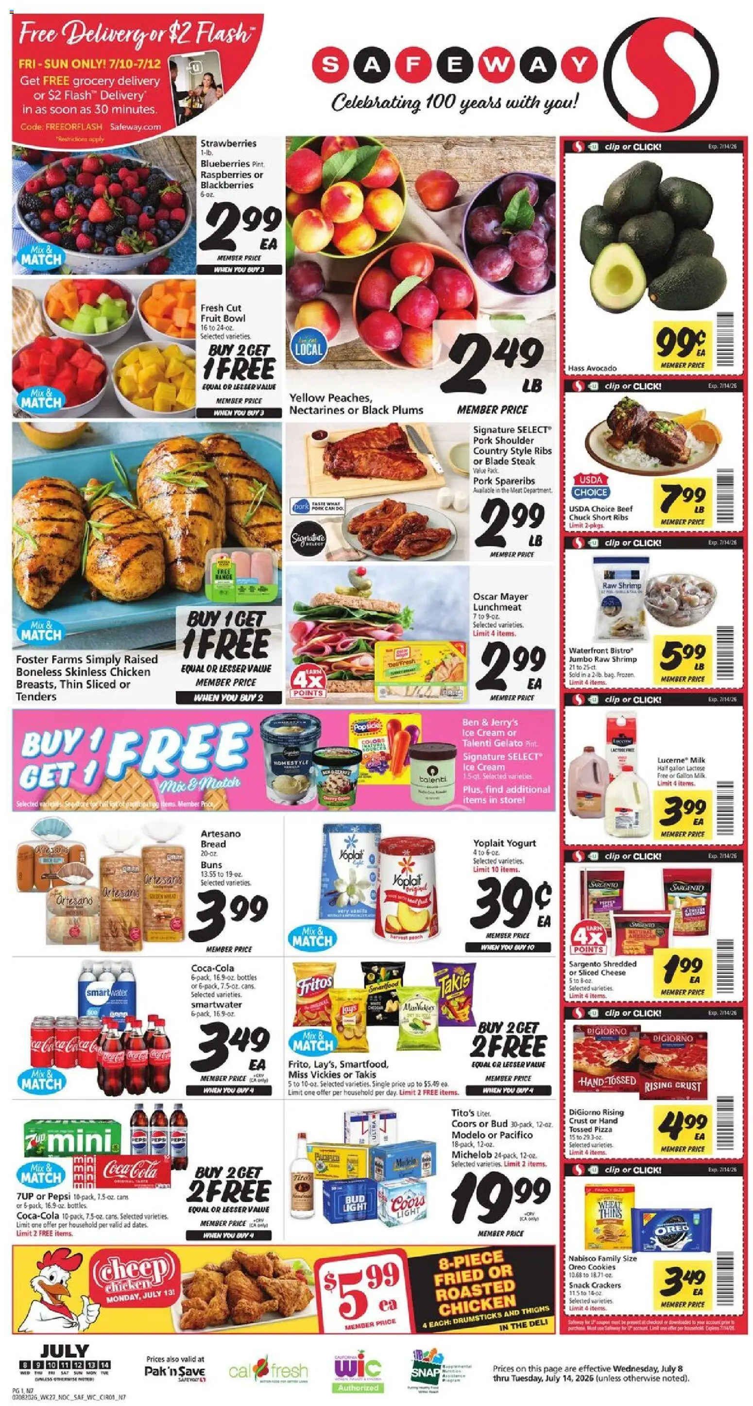 Safeway Weekly Ad - valid from 07/08/2026 | Page: 1 | Products: Clip, Yogurt, Cookies, Ice cream