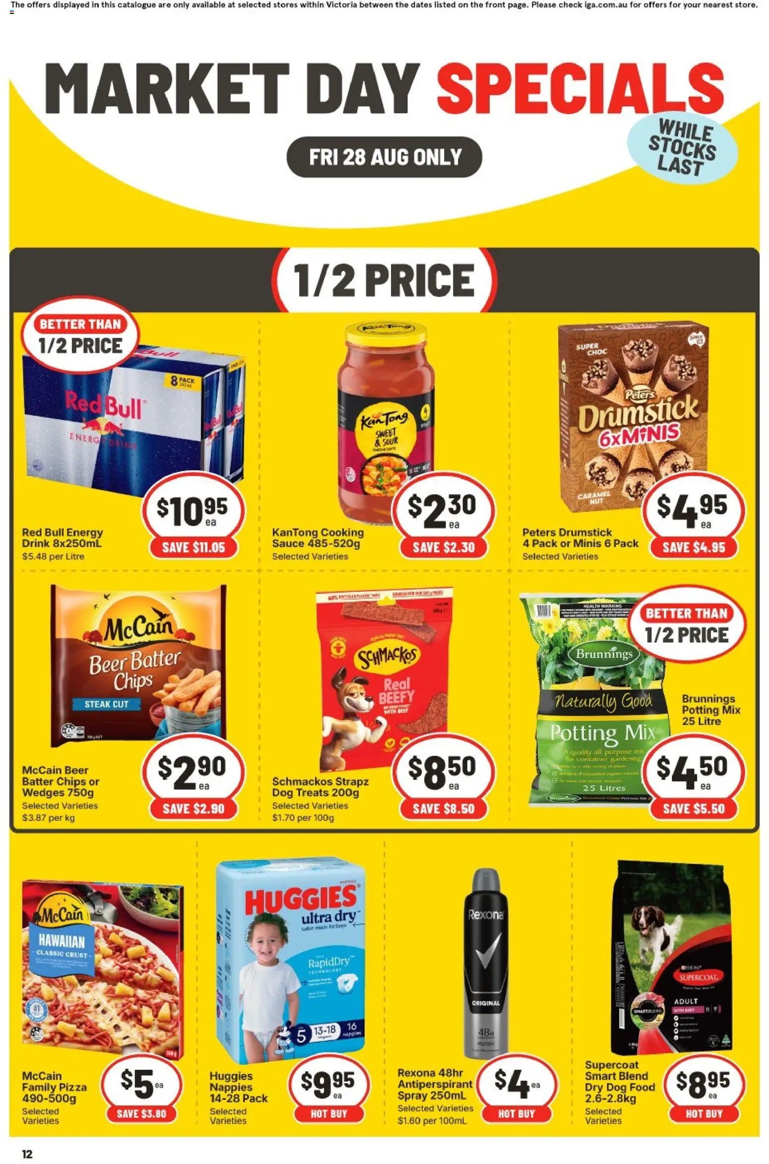 IGA catalogue - valid from 28/08/2026 | Page: 3 | Products: Pizza, Chips, Dog food, Red Bull
