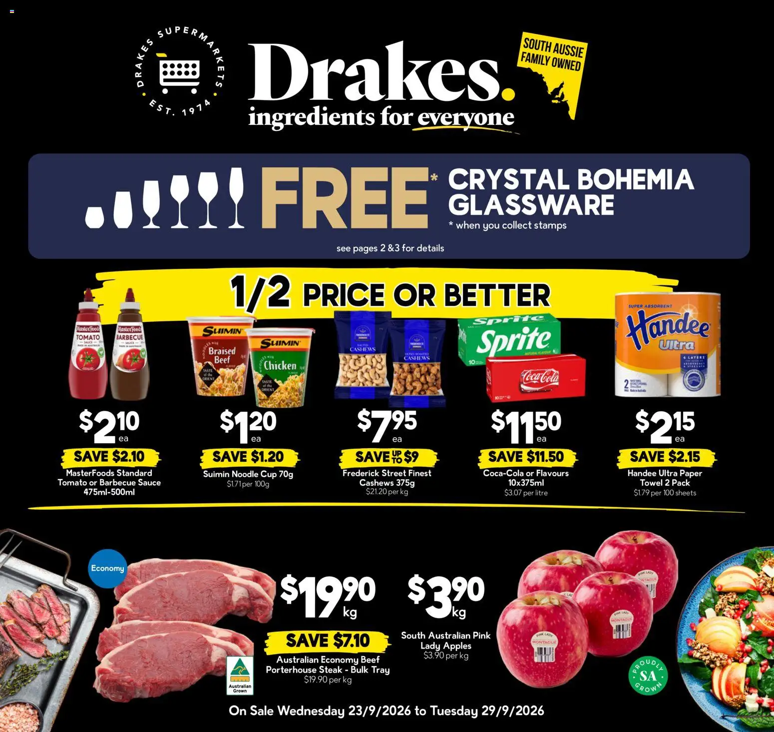 Drakes catalogue - valid from 23/09/2026 | Page: 1 | Products: Glassware, Rake, Beef, Coca Cola