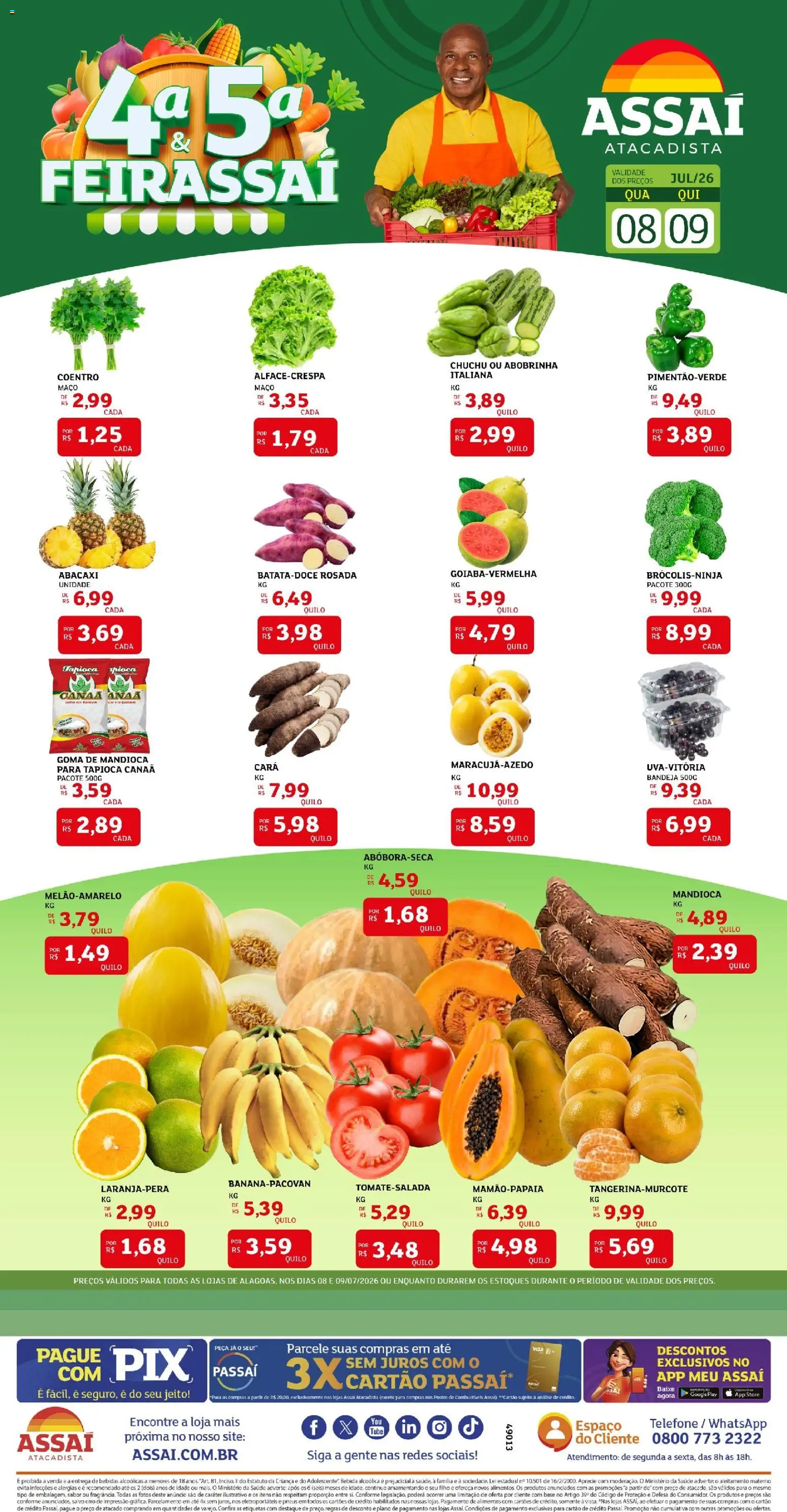 Assaí Atacadista Folheto - válido de 08/07/2026 | Página: 1 | Produtos: Abobrinha, Base, Abacaxi, Telefone