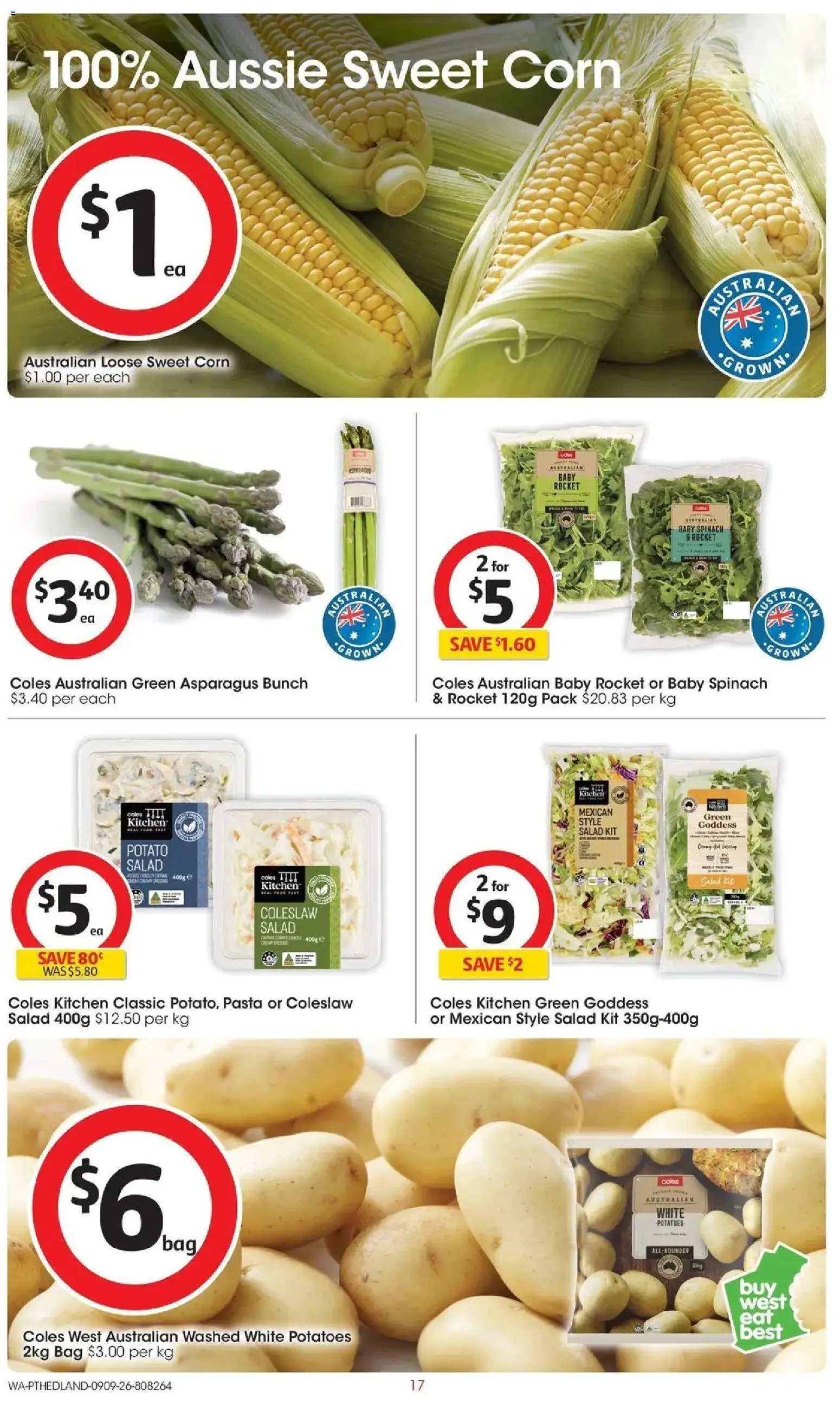 ﻿Coles catalogue valid from 09/09/2026 > Online Australia | Page: 17 | Products: Potato salad, Rocket, Potatoes, Asparagus