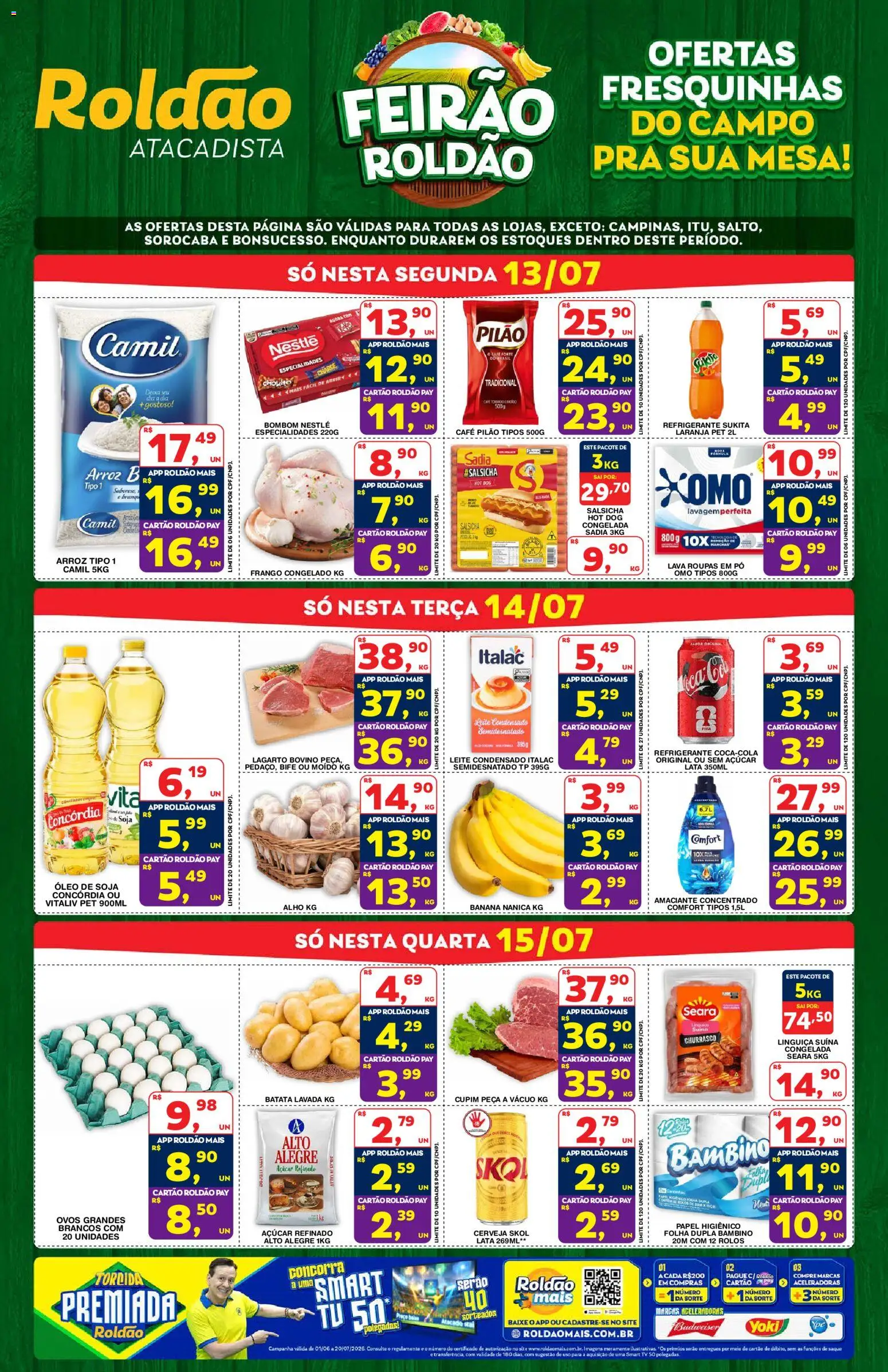 Roldão Folheto - válido de 13/07/2026 | Página: 1 | Produtos: Linguiça, Leite, Café pilão, Amaciante