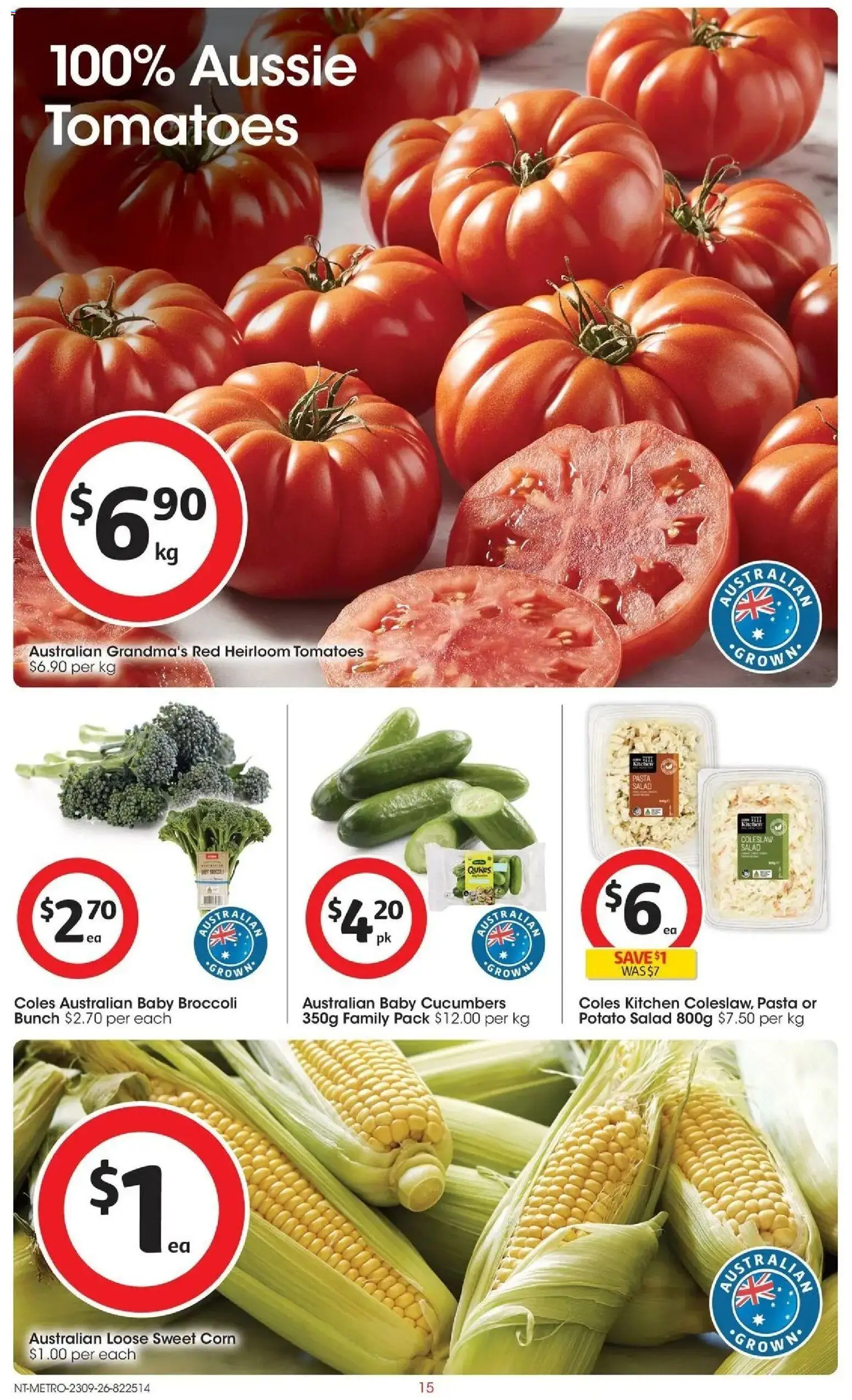 Coles catalogue - valid from 23/09/2026 | Page: 15 | Products: Potato salad, Tomatoes, Pasta, Cucumbers