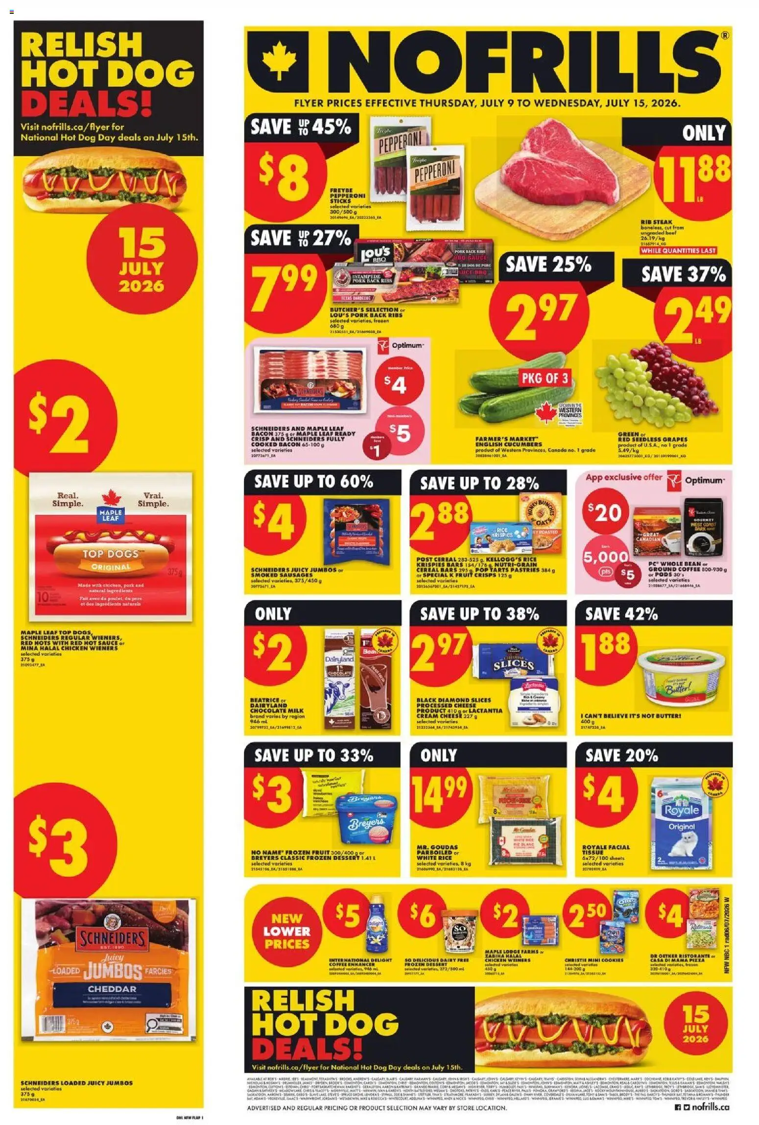 No Frills flyer valid from Jul 9, 2026 | Page: 1 | Products: Beef, Cucumbers, Cheese, Chocolate