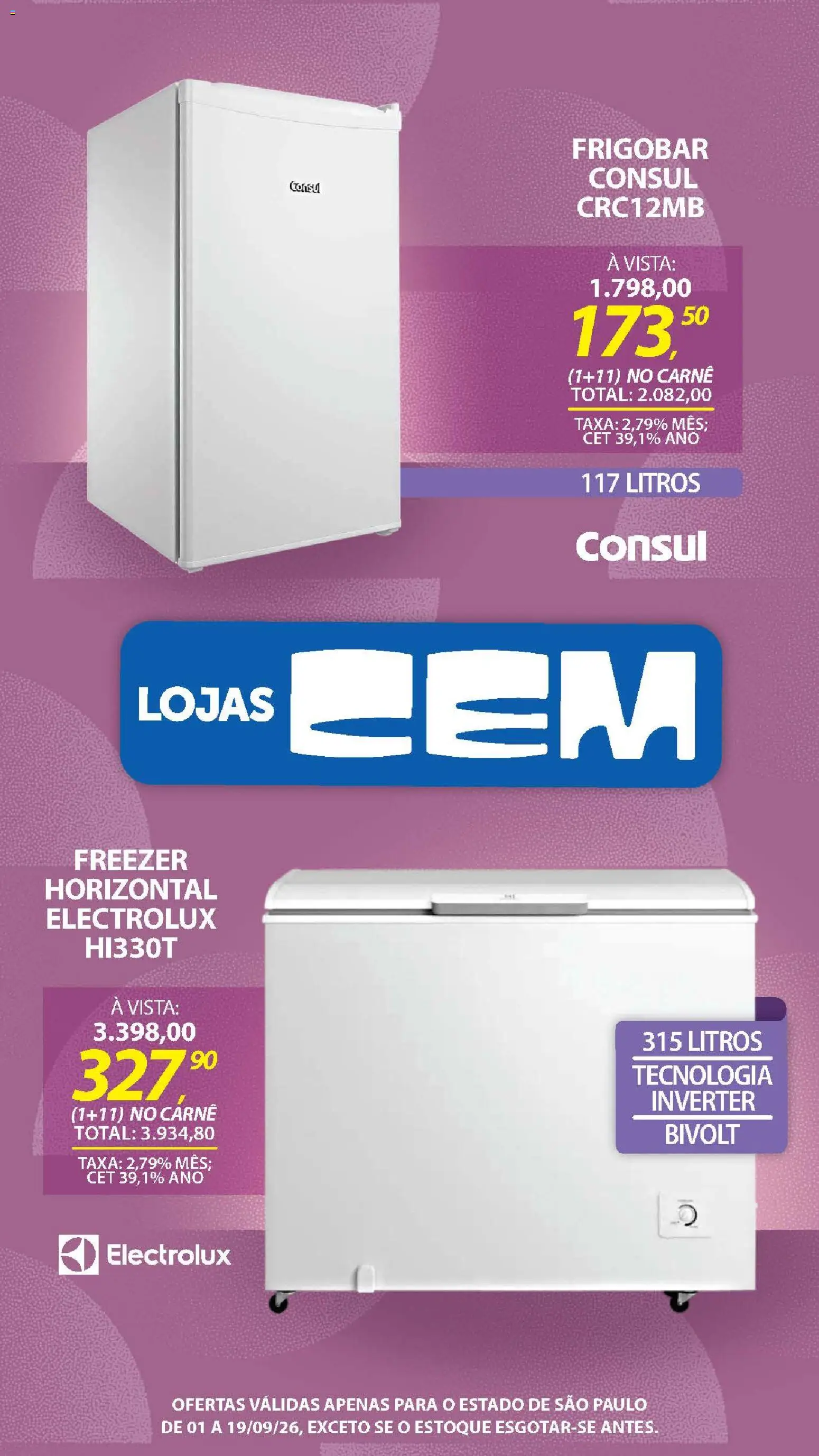 Lojas Cem Folheto - válido de 01/09/2026 | Página: 45 | Produtos: Frigobar, Freezer, Carne
