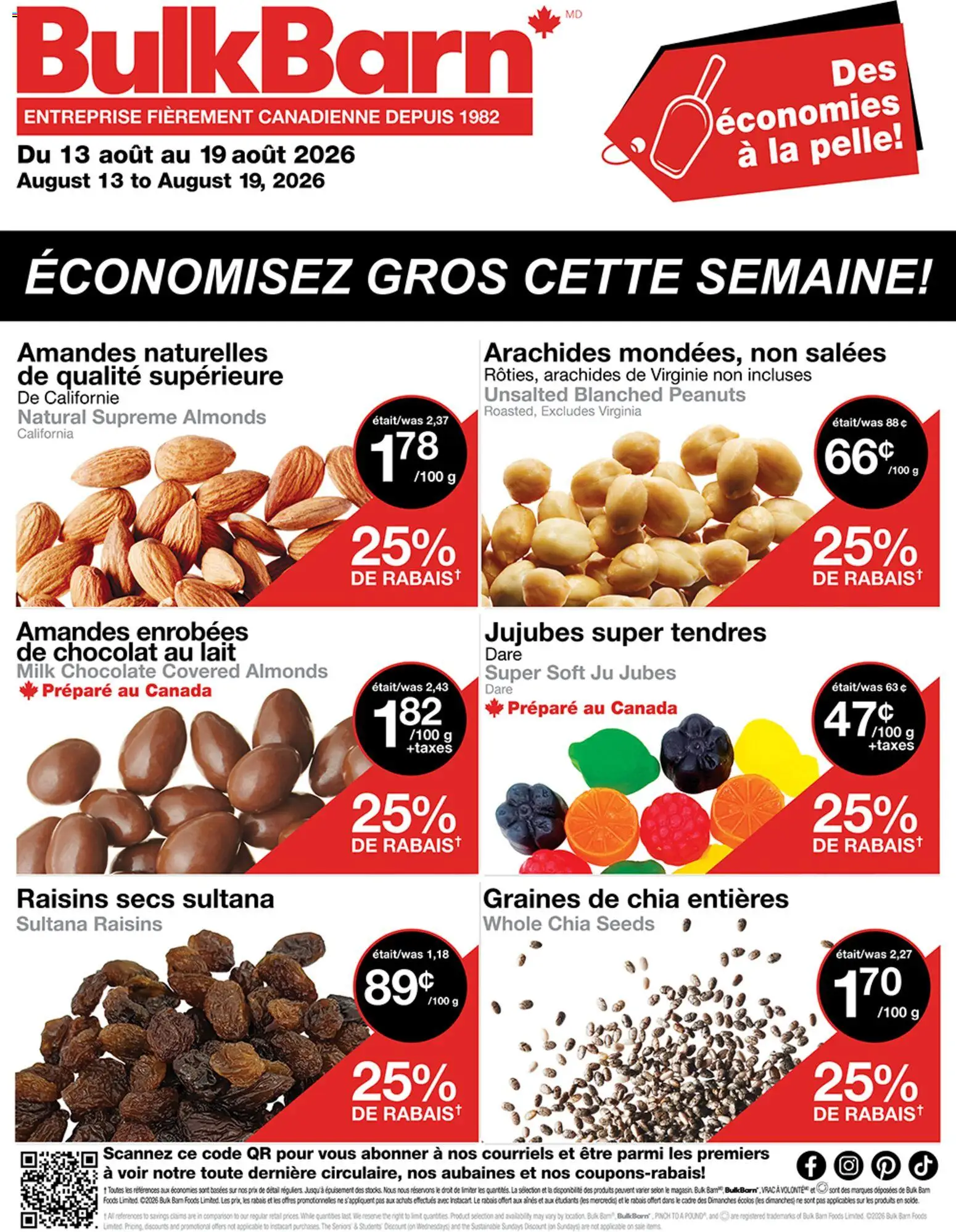 Bulk Barn flyer valid from Aug 13, 2026 | Page: 1 | Products: Peanuts, Raisins, Milk, Chocolate