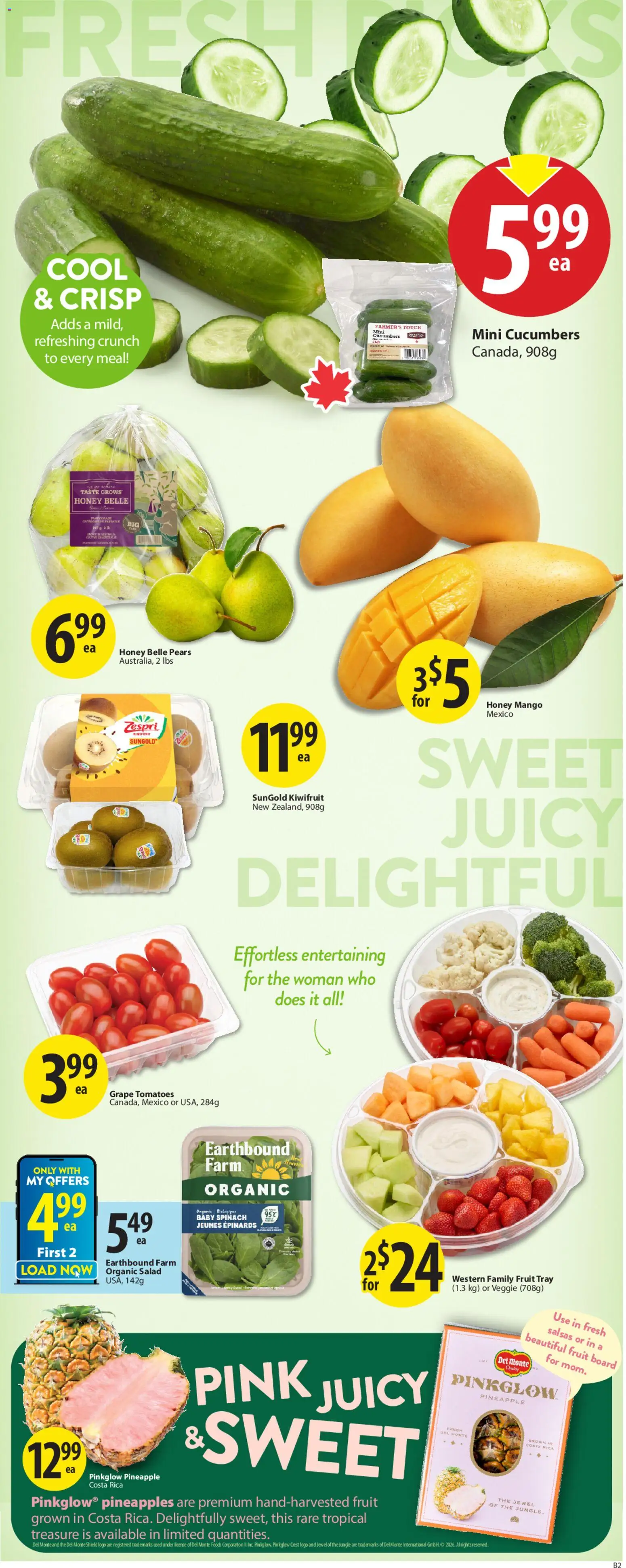 Save on foods flyer valid from 07.05.2026 | Page: 5 | Products: Pineapple, Cucumbers, Salad, Tomatoes