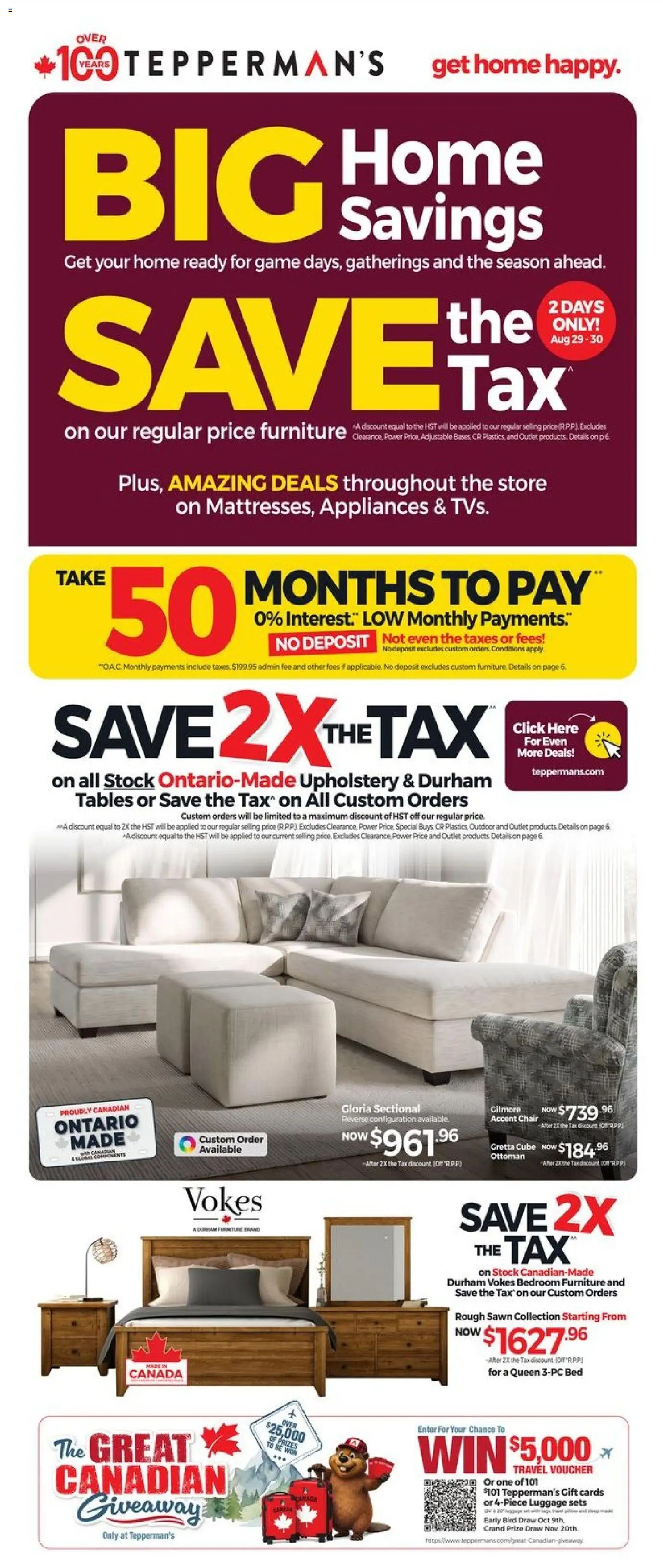 Tepperman's flyer valid from Aug 28, 2026 | Page: 1 | Products: Luggage, Game, Bed, Chair