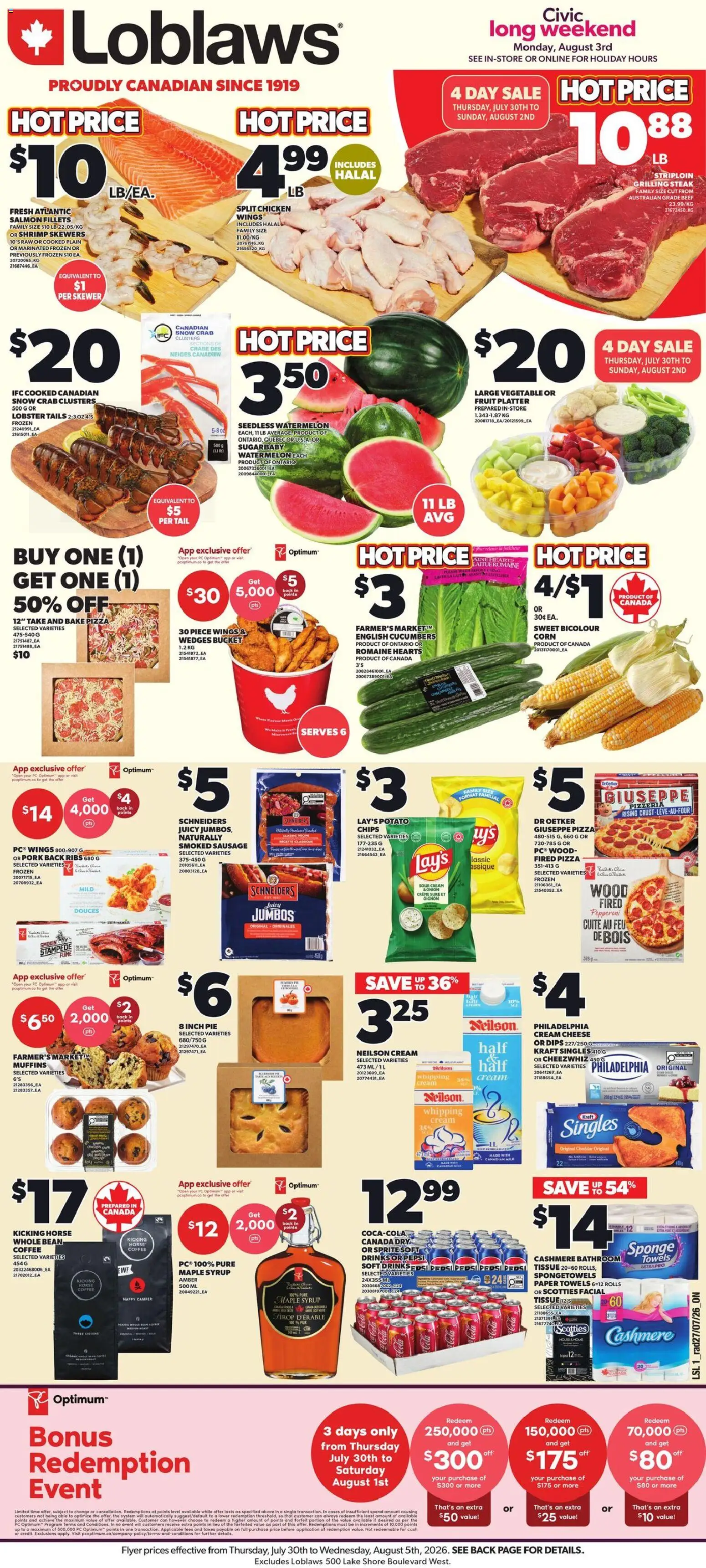 Loblaws flyer valid from Jul 30, 2026 | Page: 1 | Products: PC, Sprite, Cheddar, Coffee