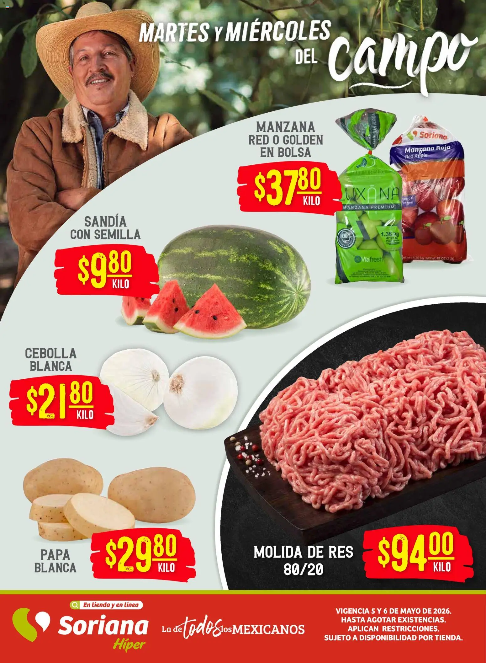 Nuevas ofertas de Soriana válidas en toda la República Mexicana desde el 05.05.2026. ¡Encuentra las mejores ofertas en Soriana Martes y Miércoles del Campo Híper: BCS, Son y Sin! | Página: 1 | Productos: Cebolla, Bolsa, Manzana, Res