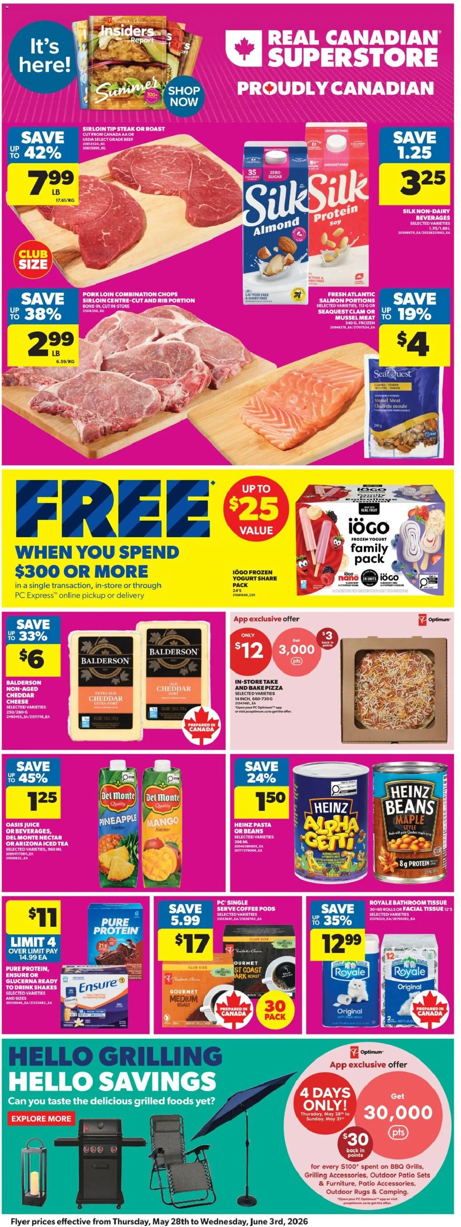 Real Canadian Superstore flyer valid from 28.05.2026 | Page: 3 | Products: Beef, Coffee, Chocolate, Pizza