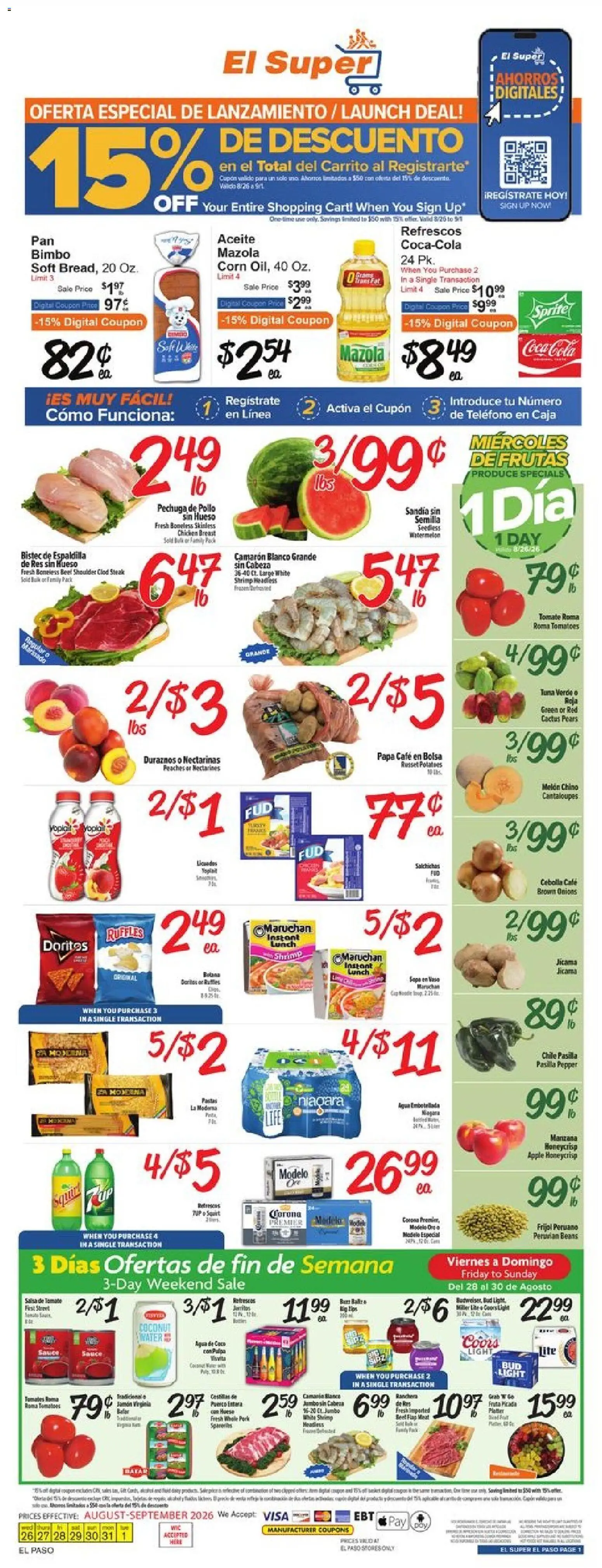 El Super Weekly Ad - valid from 08/26/2026 | Page: 1 | Products: Chicken, Pork, Watermelon, Pears