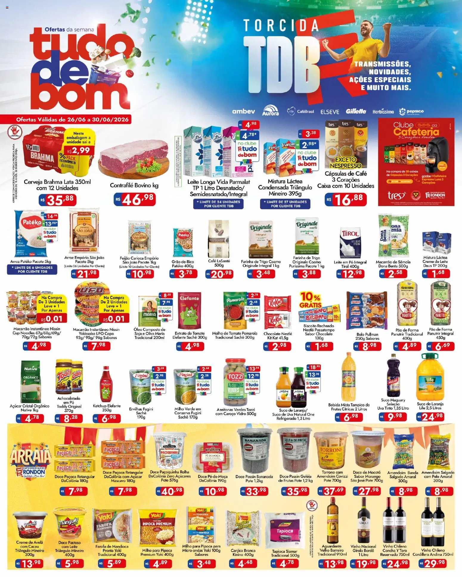 Supermercados Rondon Folheto - válido de 26/06/2026 | Página: 1 | Produtos: Achocolatado, Caixa, Creme, Leite em pó