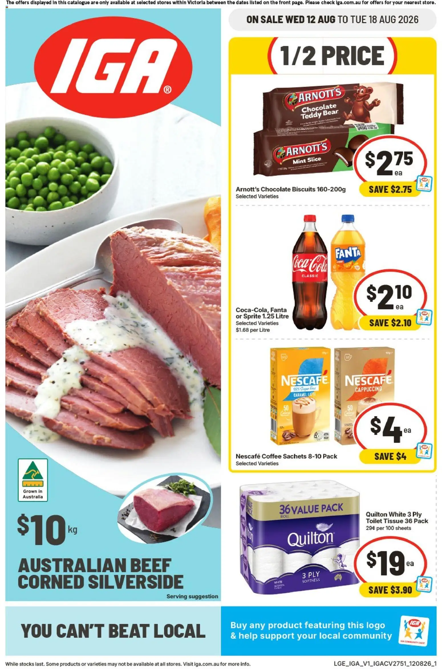 IGA catalogue - valid from 12/08/2026 | Page: 1 | Products: Toilet, Chocolate, Biscuits, Sprite