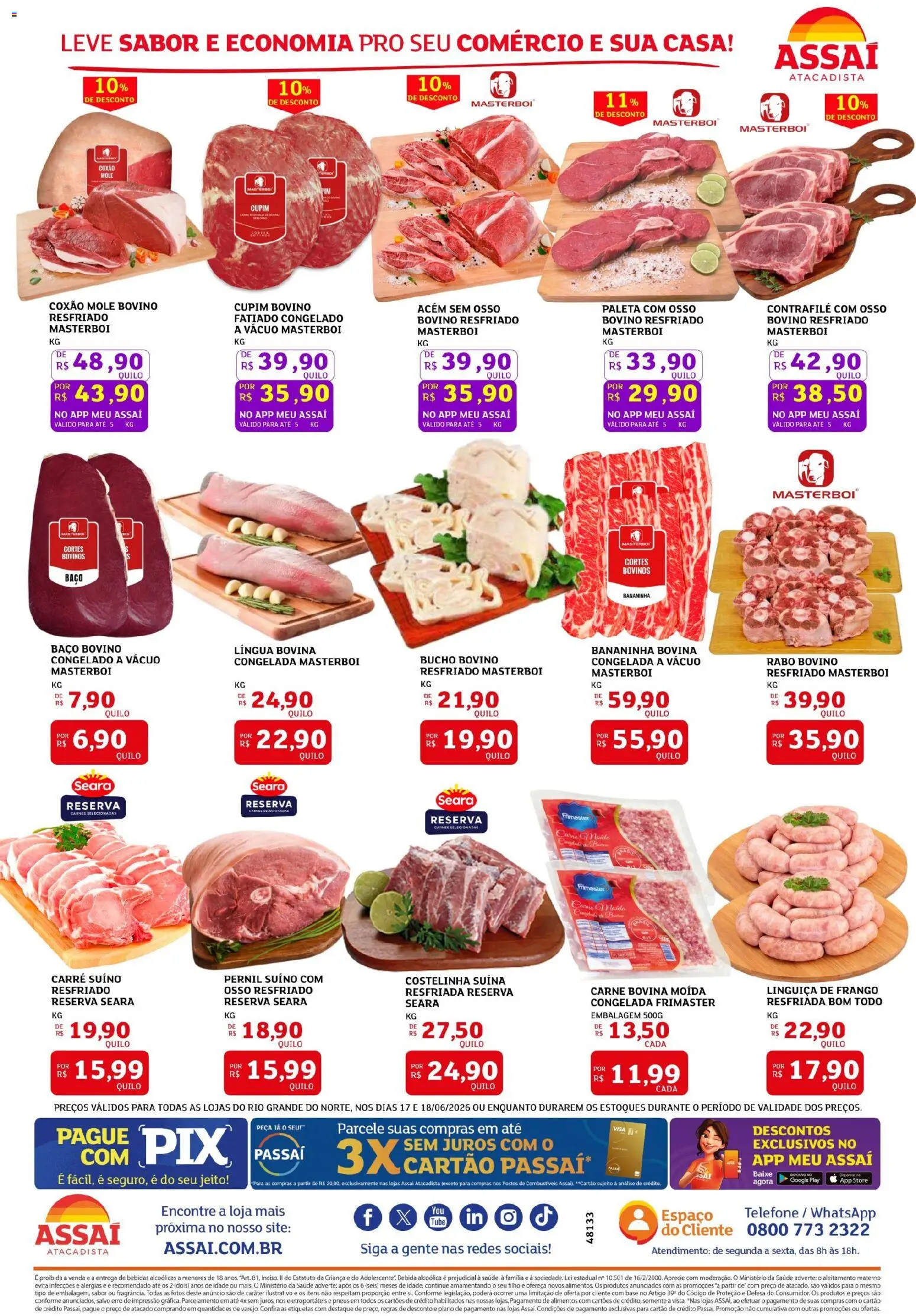 Assaí Atacadista Folheto - válido de 17.06.2026 | Página: 2 | Produtos: Linguiça, Base, Bebida, Telefone