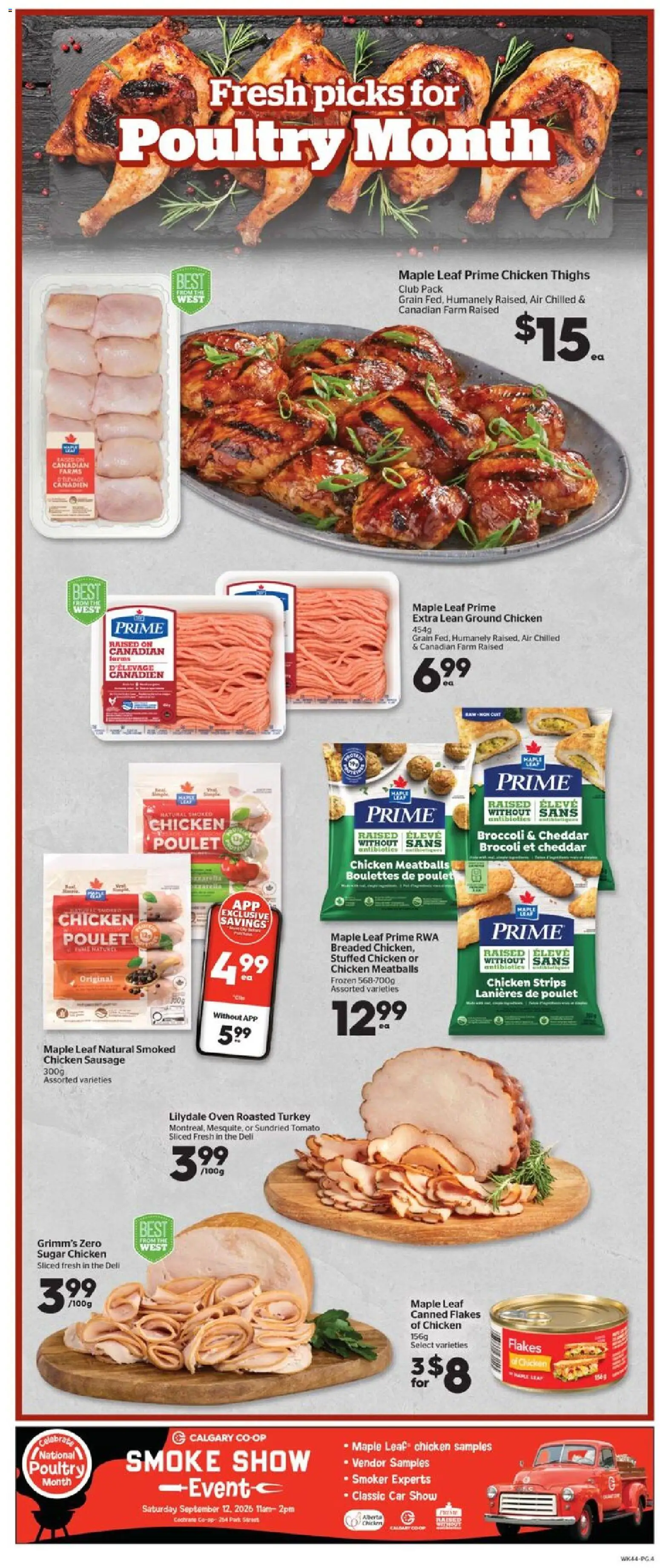 Calgary Co-op flyer valid from Sep 3, 2026 | Page: 4 | Products: Sugar, Oven, Sausage, Chicken thighs