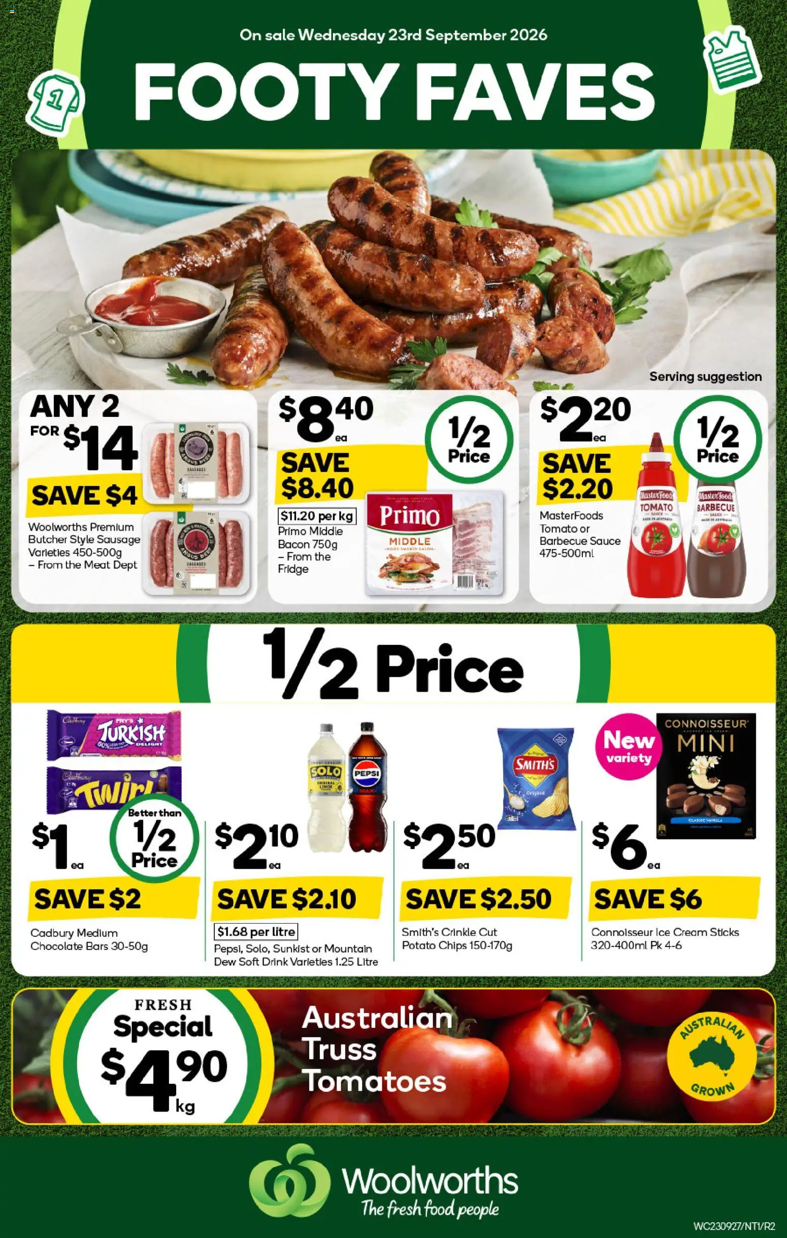 Woolworths catalogue - valid from 23/09/2026 | Page: 1 | Products: Chocolate, Meat, Chips, Ice