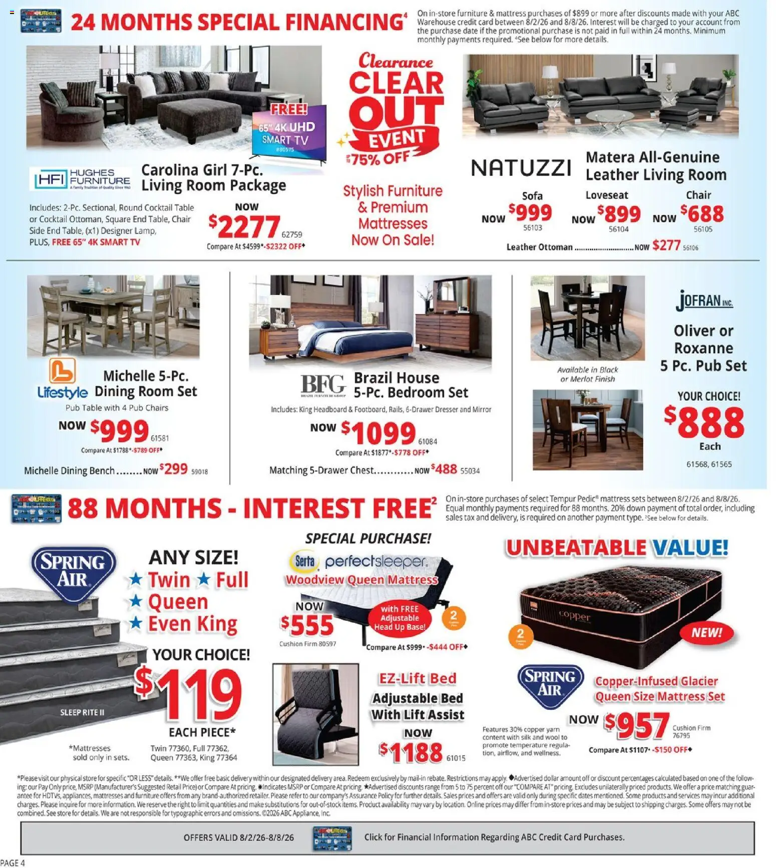 ABC Warehouse Weekly Ad - valid from 08/02/2026 | Page: 4 | Products: Mattress, Sofa, Table, Yarn