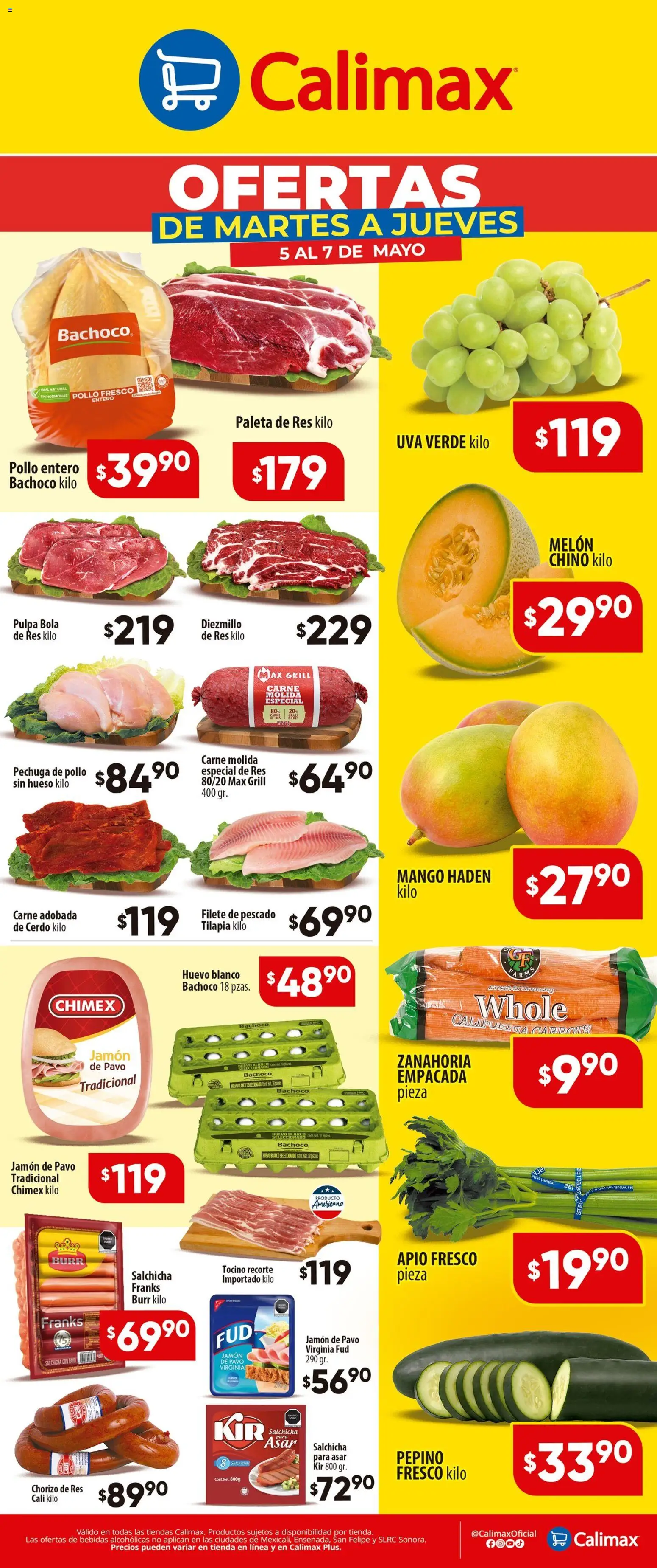 Nuevas ofertas de Calimax válidas en toda la República Mexicana desde el 05.05.2026. ¡Encuentra las mejores ofertas en Calimax folleto! | Página: 1 | Productos: Melón, Salchicha, Apio, Cerdo