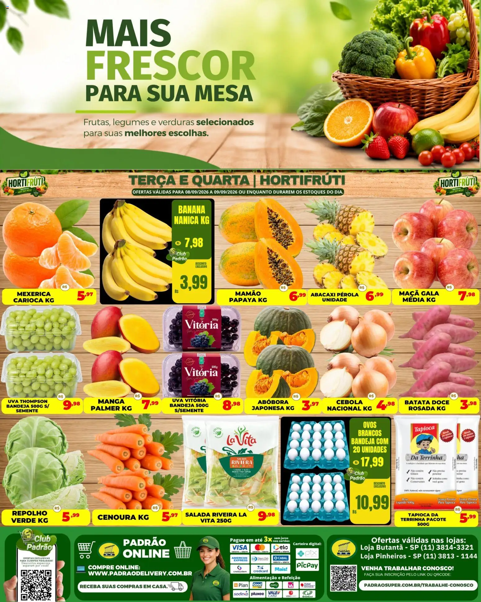 Supermercado Padrão Folheto - válido de 08/09/2026 | Página: 1 | Produtos: Uva, Mesa, Ovos, Manga