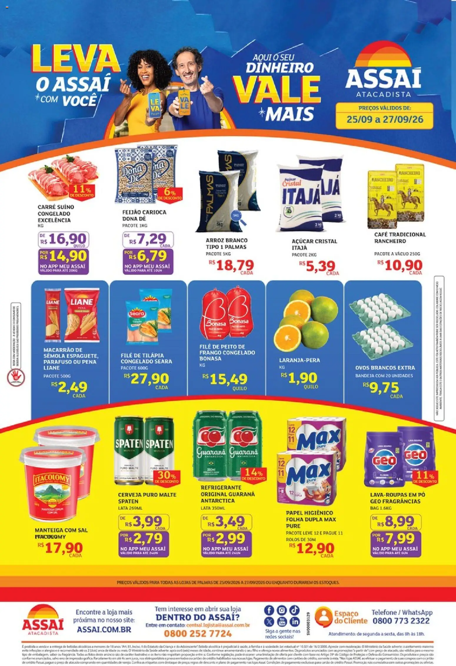 Assaí Atacadista Folheto - válido de 25/09/2026 | Página: 1 | Produtos: Macarrão, Bandeja, Açúcar, Filé de tilápia