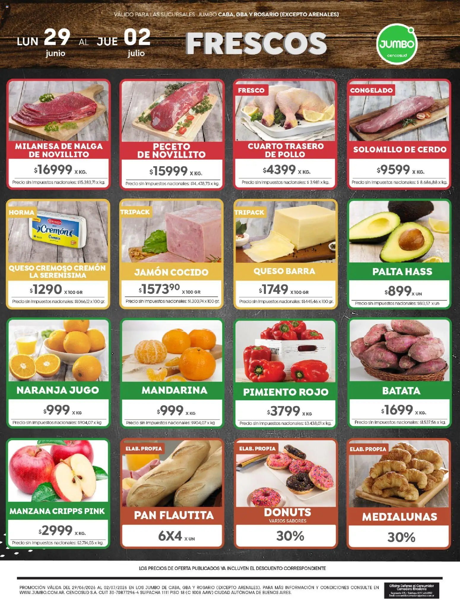 Jumbo ofertas │ válido desde el 29/06/2026 | Página: 1 | Productos: Milanesa, Jamón cocido, Pan, Jugo