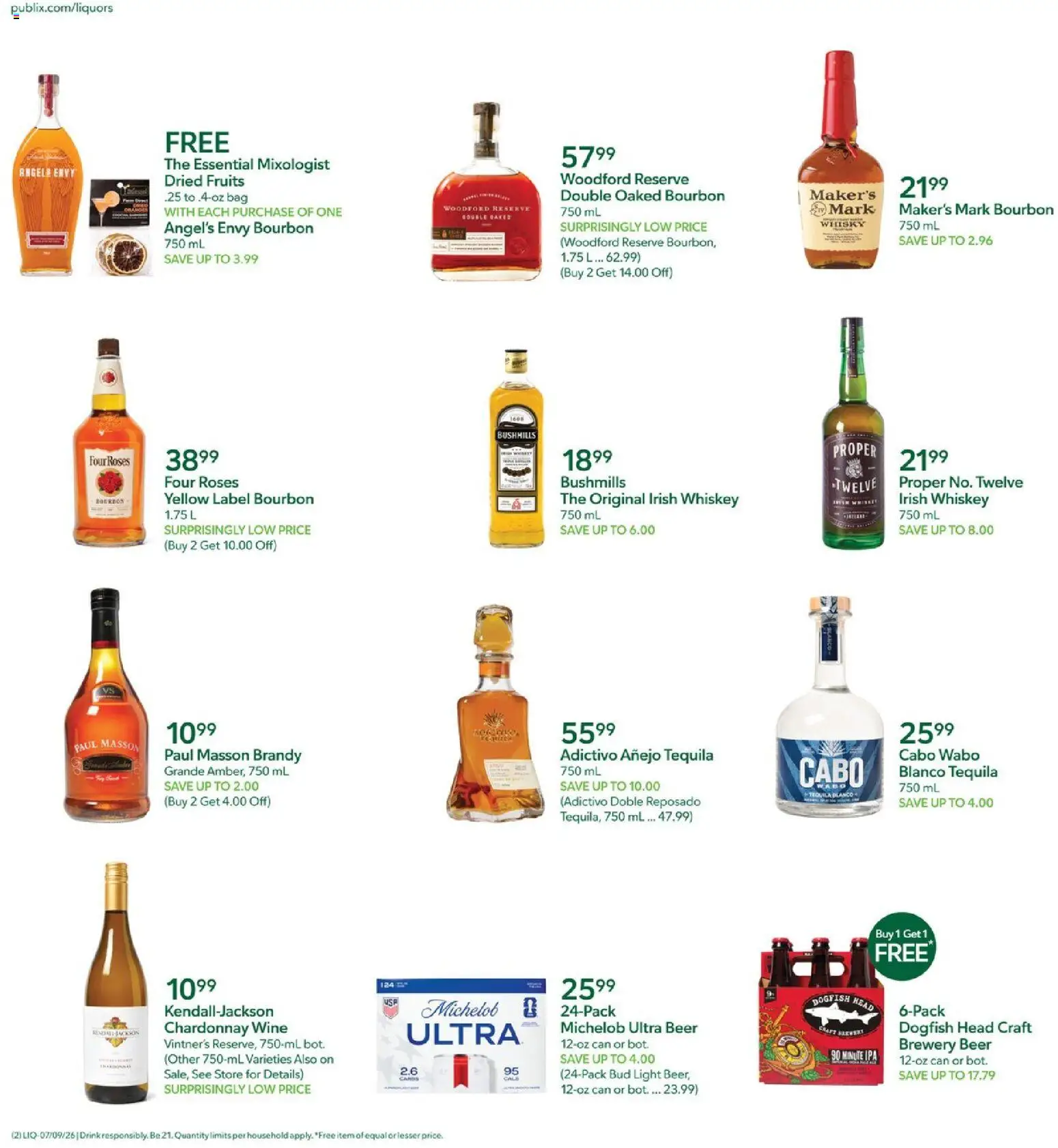 Publix Liquor Ad - valid from 07/09/2026 | Page: 2 | Products: Bourbon, Whiskey, Fruits, Bag
