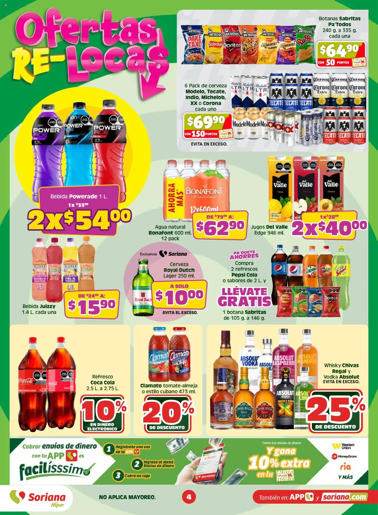 Nuevas ofertas de Soriana válidas en toda la República Mexicana desde el 14.05.2026. ¡Encuentra las mejores ofertas en Soriana Ofertas Re Locas Híper Nacional! | Página: 4 | Productos: Agua, Caja, Vodka, Whisky