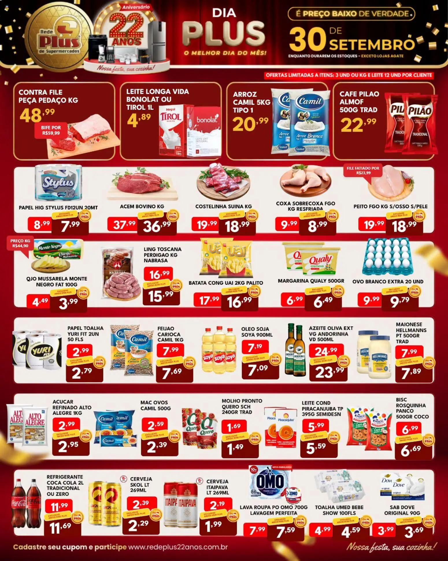 Rede Plus Supermercados Folheto - válido de 30/09/2026 | Página: 1 | Produtos: Leite longa vida, Pó, Cola, Acém