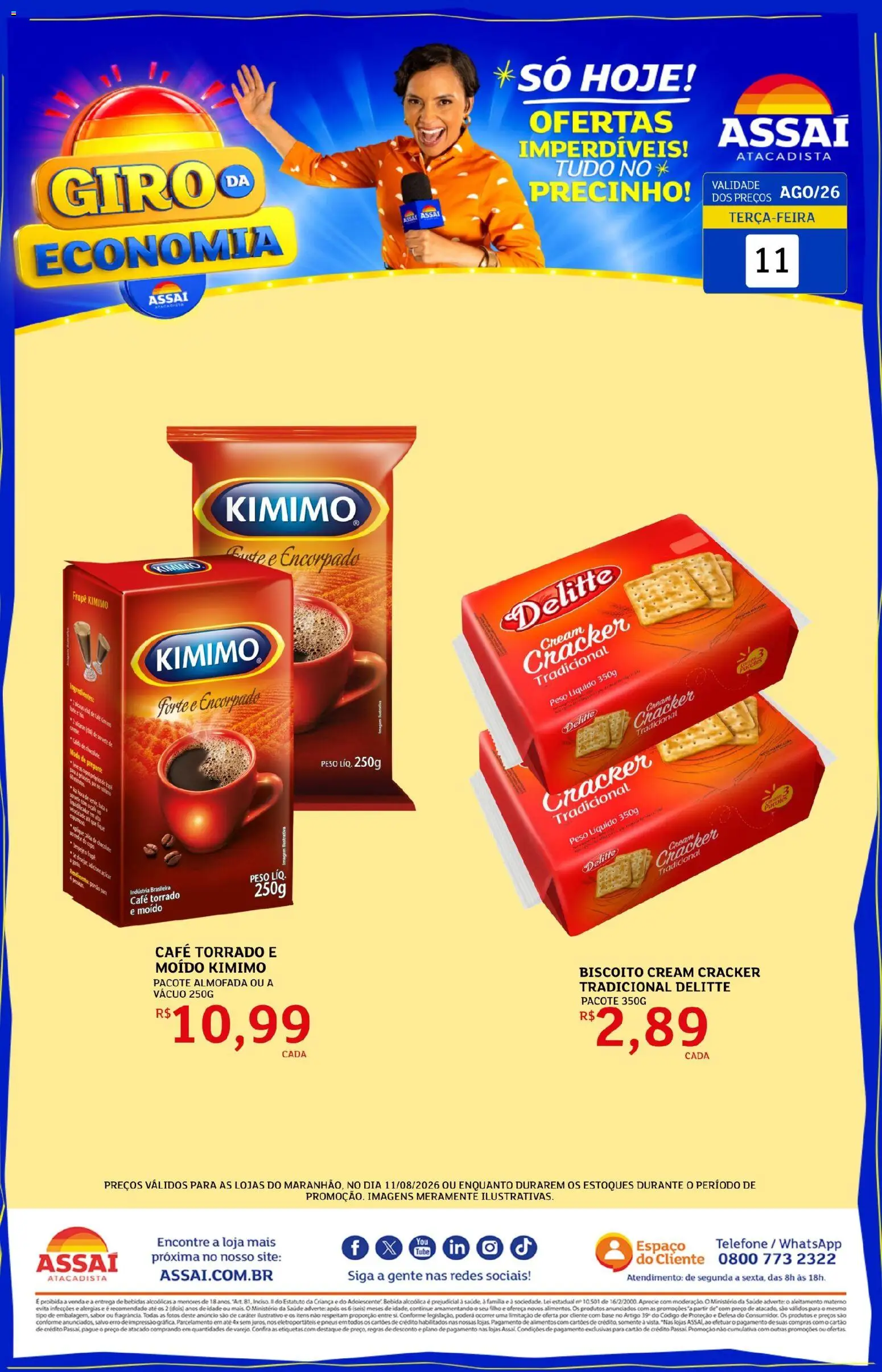 Assaí Atacadista Folheto - válido de 11/08/2026 | Página: 1 | Produtos: Biscoito, Bebidas, Café, Telefone