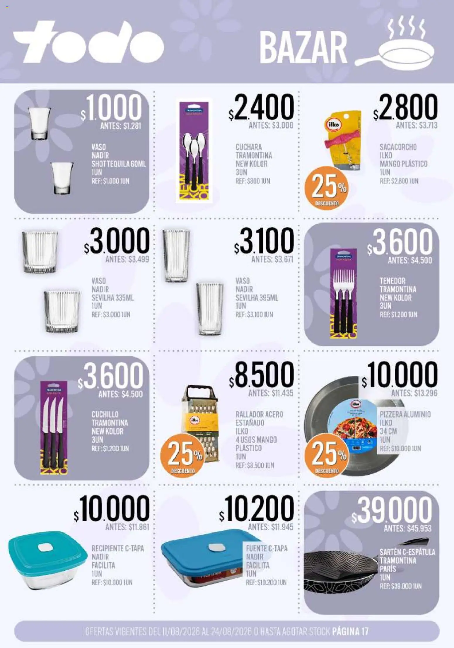 Supermercados TODO - Ofertas │ válido desde el 11/08/2026 | Página: 17 | Productos: Pizzera, Cuchillo, Rallador, Tequila