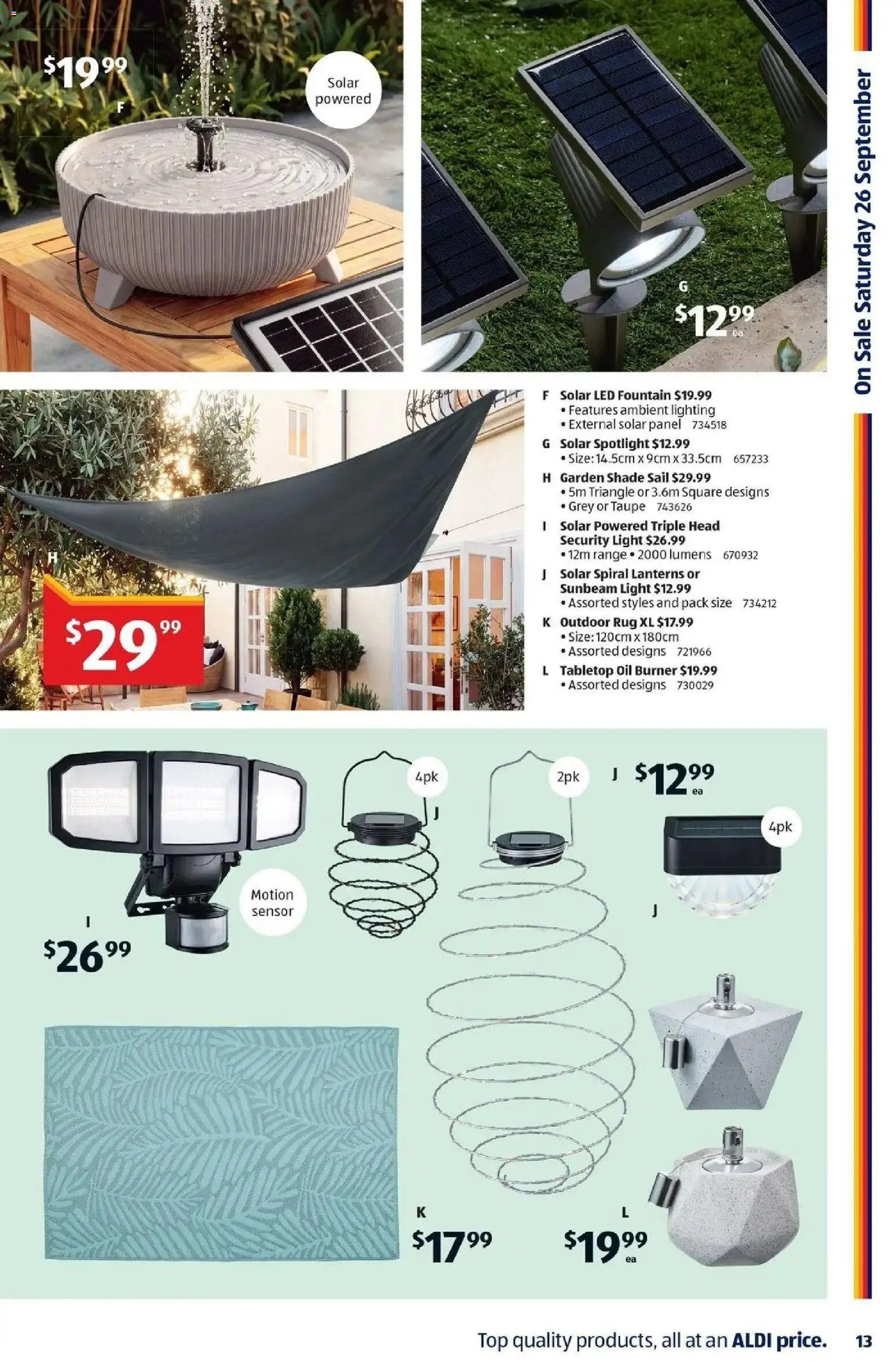 Aldi catalogue - valid from 23/09/2026 | Page: 13 | Products: Rug, Lanterns, Fountain, Lighting