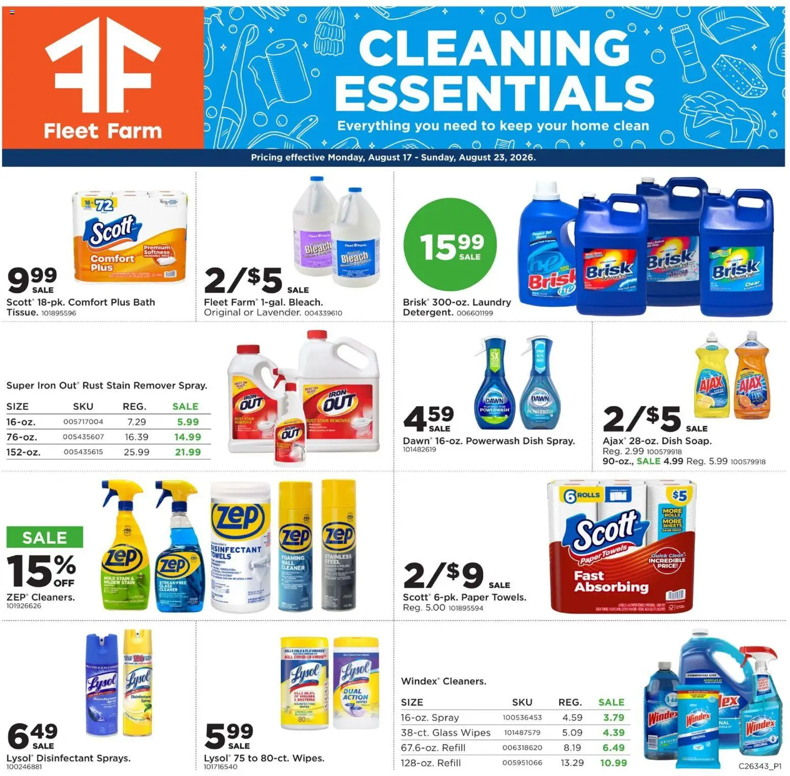 Mills Fleet Farm Cleaning Essentials - valid from 08/17/2026 | Page: 1 | Products: Bath, Stain remover, Paper towels, Iron