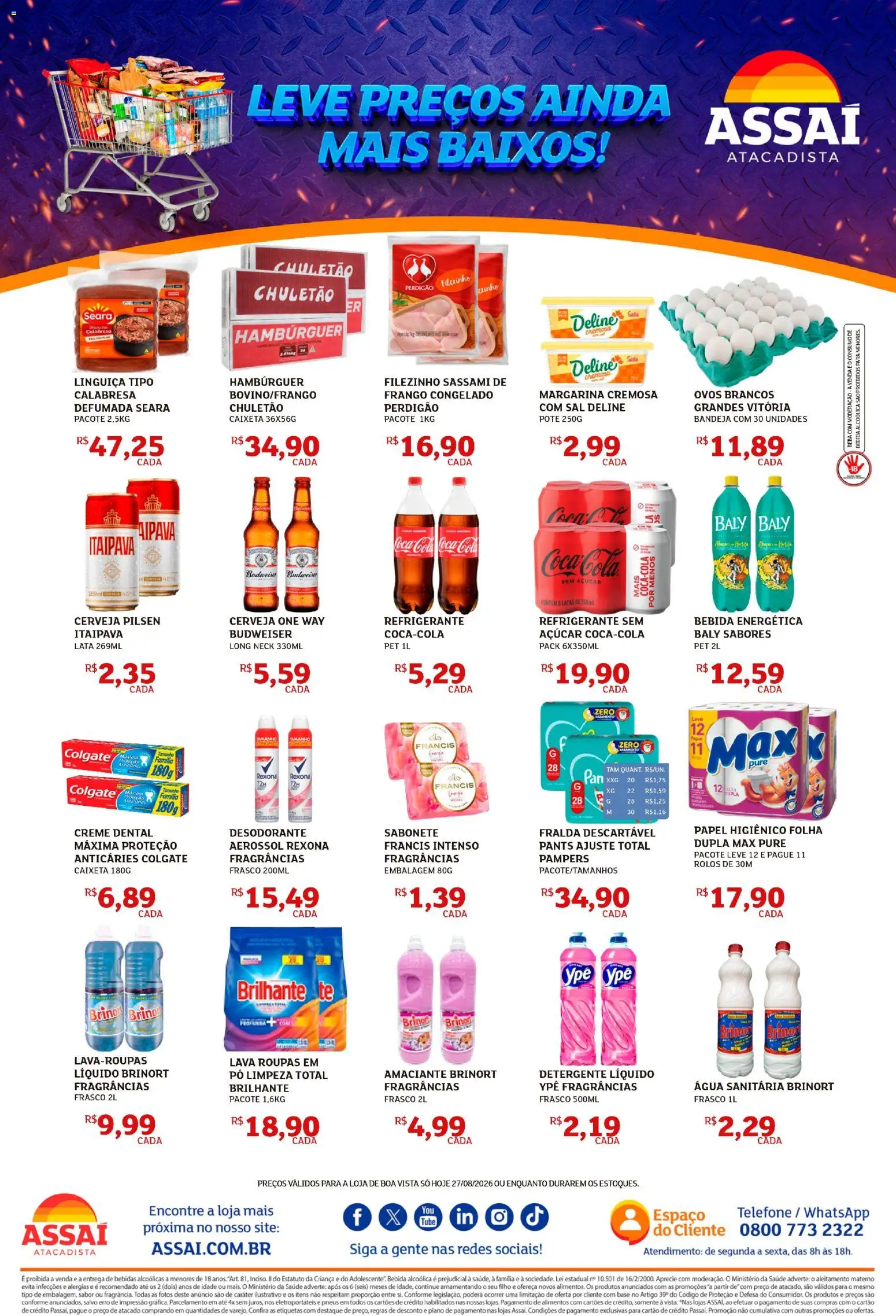Assaí Atacadista Folheto - válido de 27/08/2026 | Página: 1 | Produtos: Água, Hambúrguer, Refrigerante, Creme dental