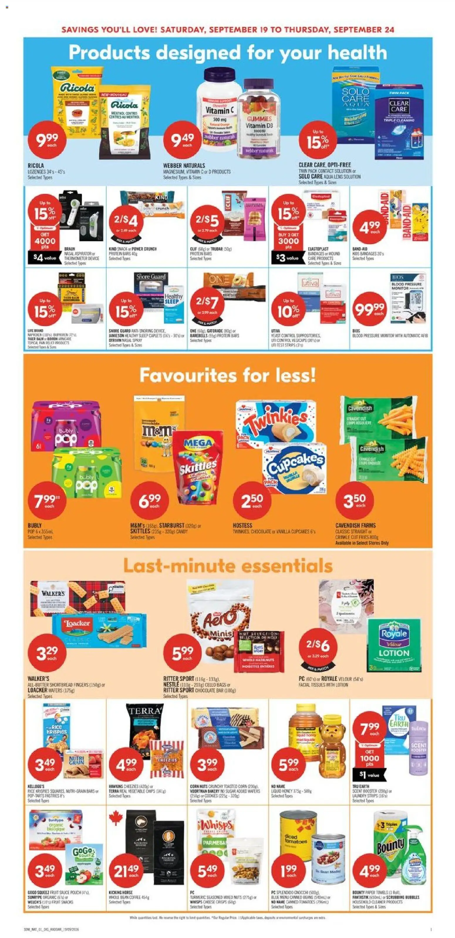Shoppers flyer valid from Sep 19, 2026 | Page: 16 | Products: Chocolate bar, Monitor, Strips, Snacks