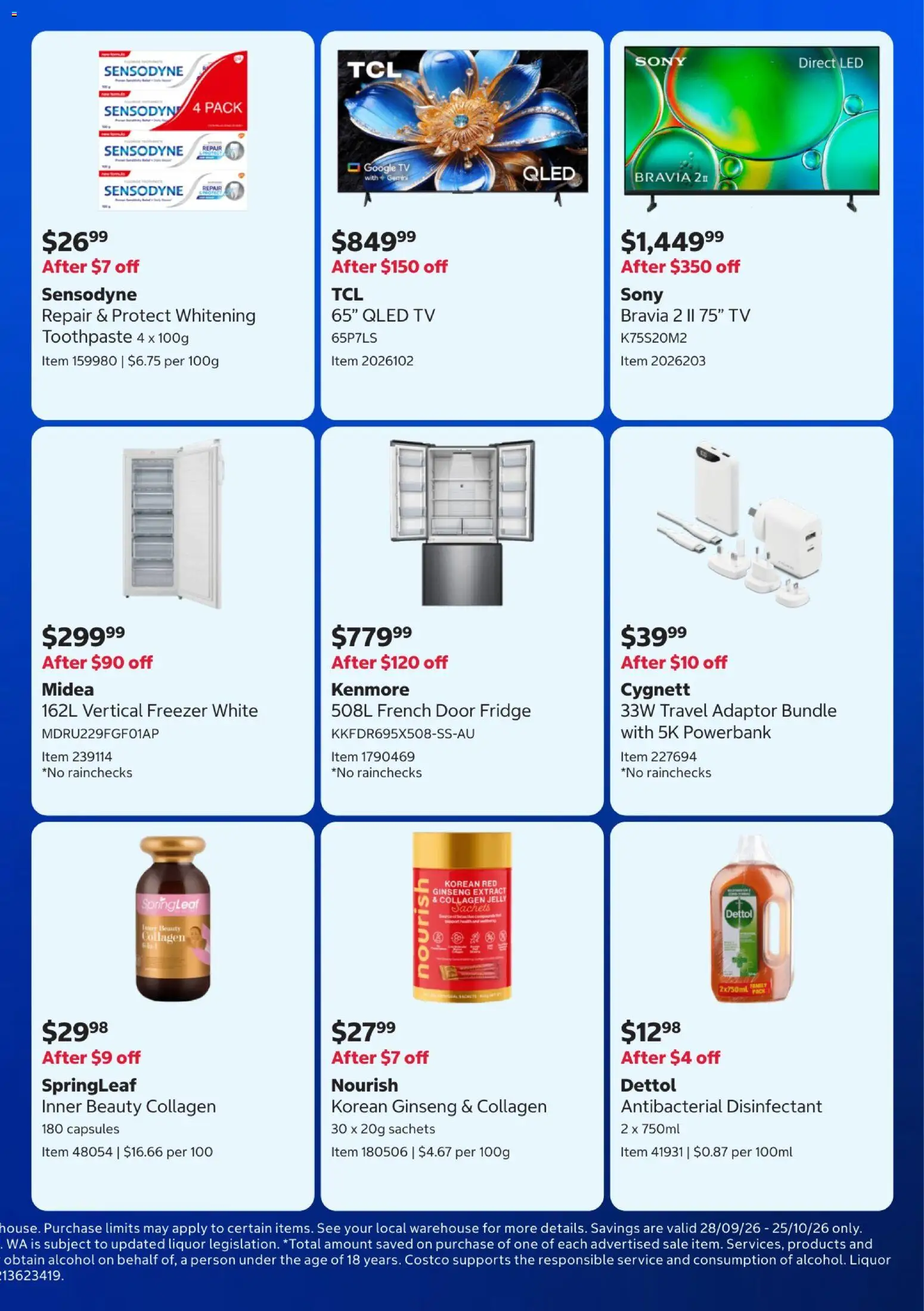 Costco catalogue - valid from 28/09/2026 | Page: 5 | Products: Alcohol, Toothpaste, Sachets, Fridge
