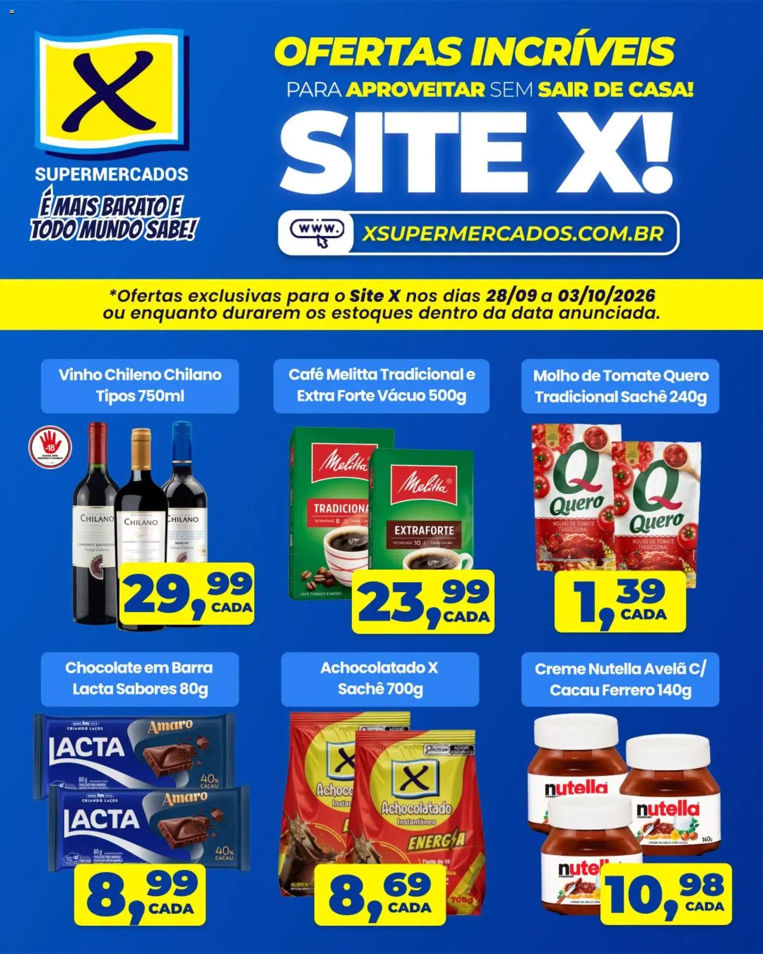 X Supermercados Folheto - válido de 28/09/2026 | Página: 2 | Produtos: Achocolatado, Chocolate em barra, Creme, Avelã