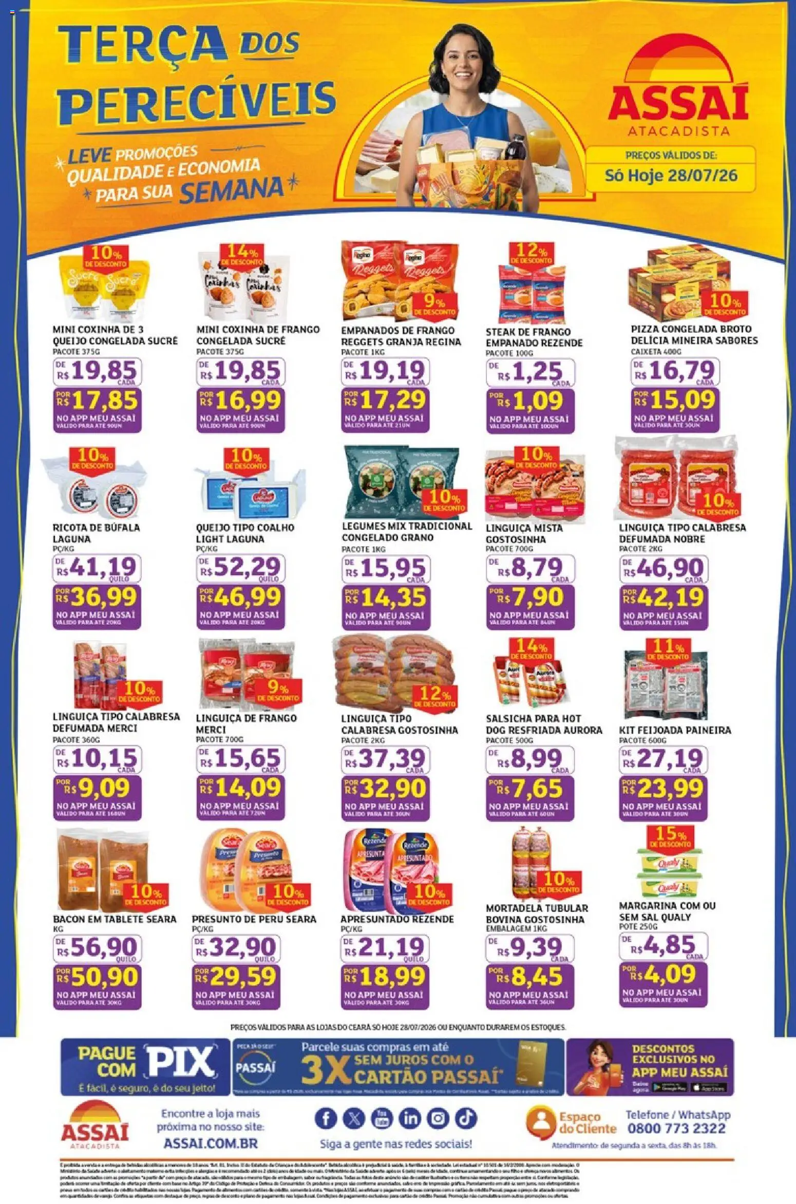 Assaí Atacadista Folheto - válido de 28/07/2026 | Página: 1 | Produtos: Presunto, Ricota, Frango, Margarina