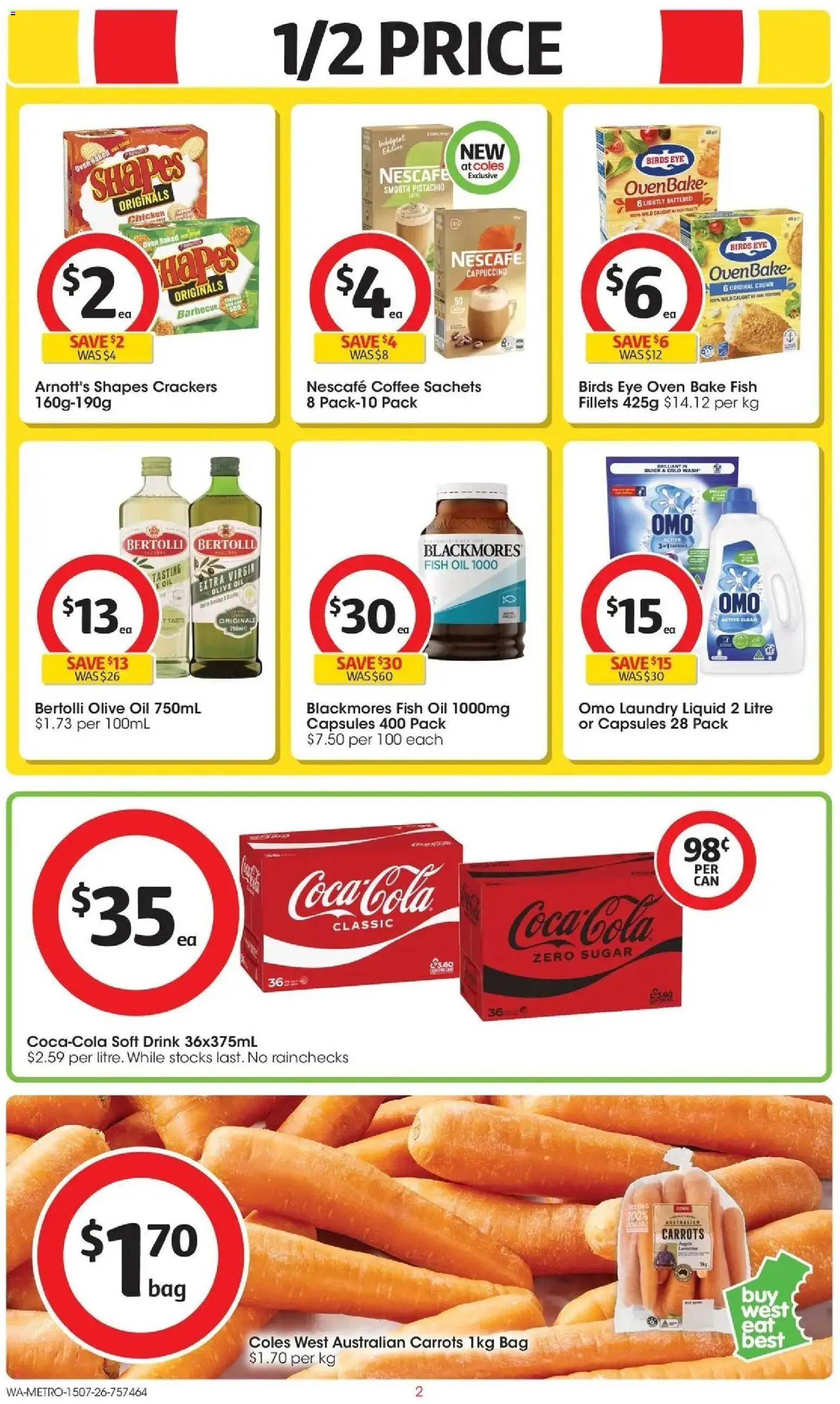 Coles catalogue - valid from 15/07/2026 | Page: 2 | Products: Coffee, Fish, Olive oil, Sachets